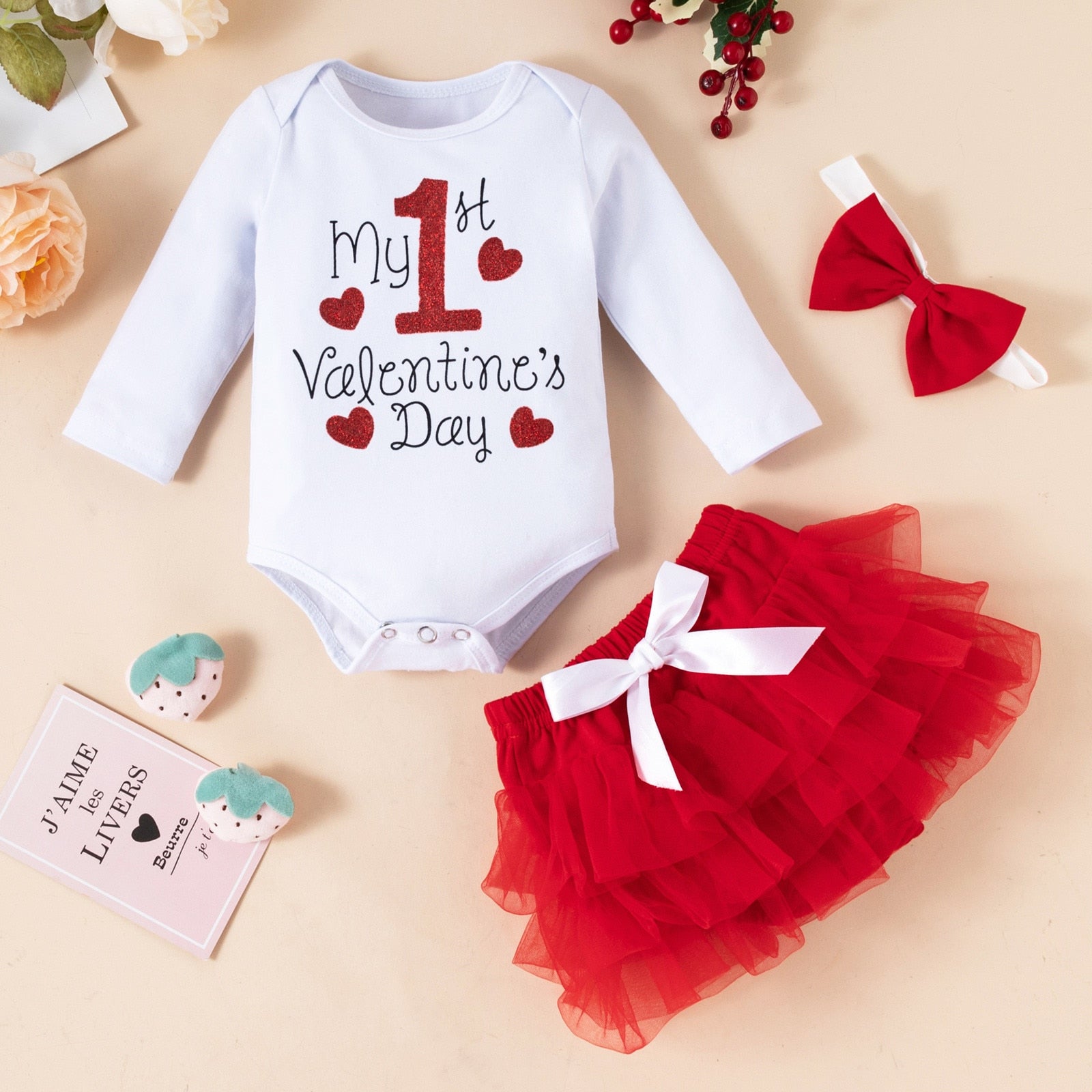 First Valentines Day Outfits Newborn Infant Baby Girl  Long Sleeve Romper set