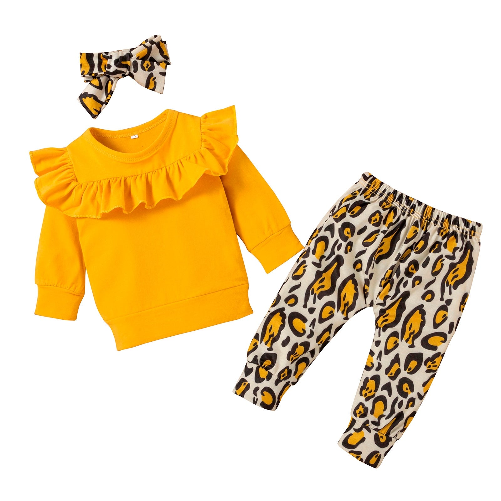 3PCS Baby Girls Outfit Solid Ruffle T-shirt Tops+ Leopard Pants Outfit