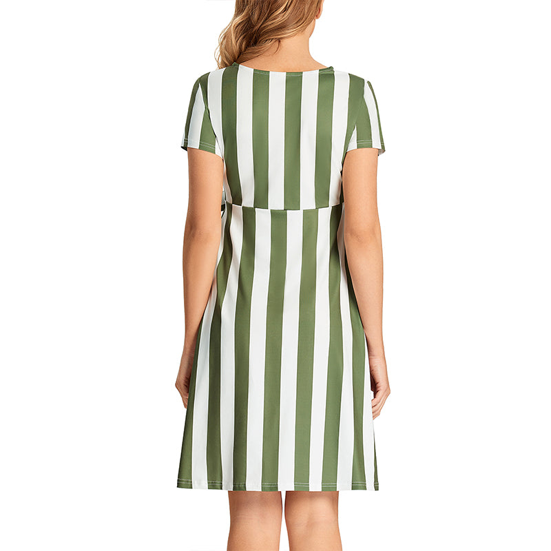 2023 Women Elegant Maternity Dress ,Short Sleeve Tie Striped Pregnancy Casual Midi Flowy Loose Belt Dress with Pockets