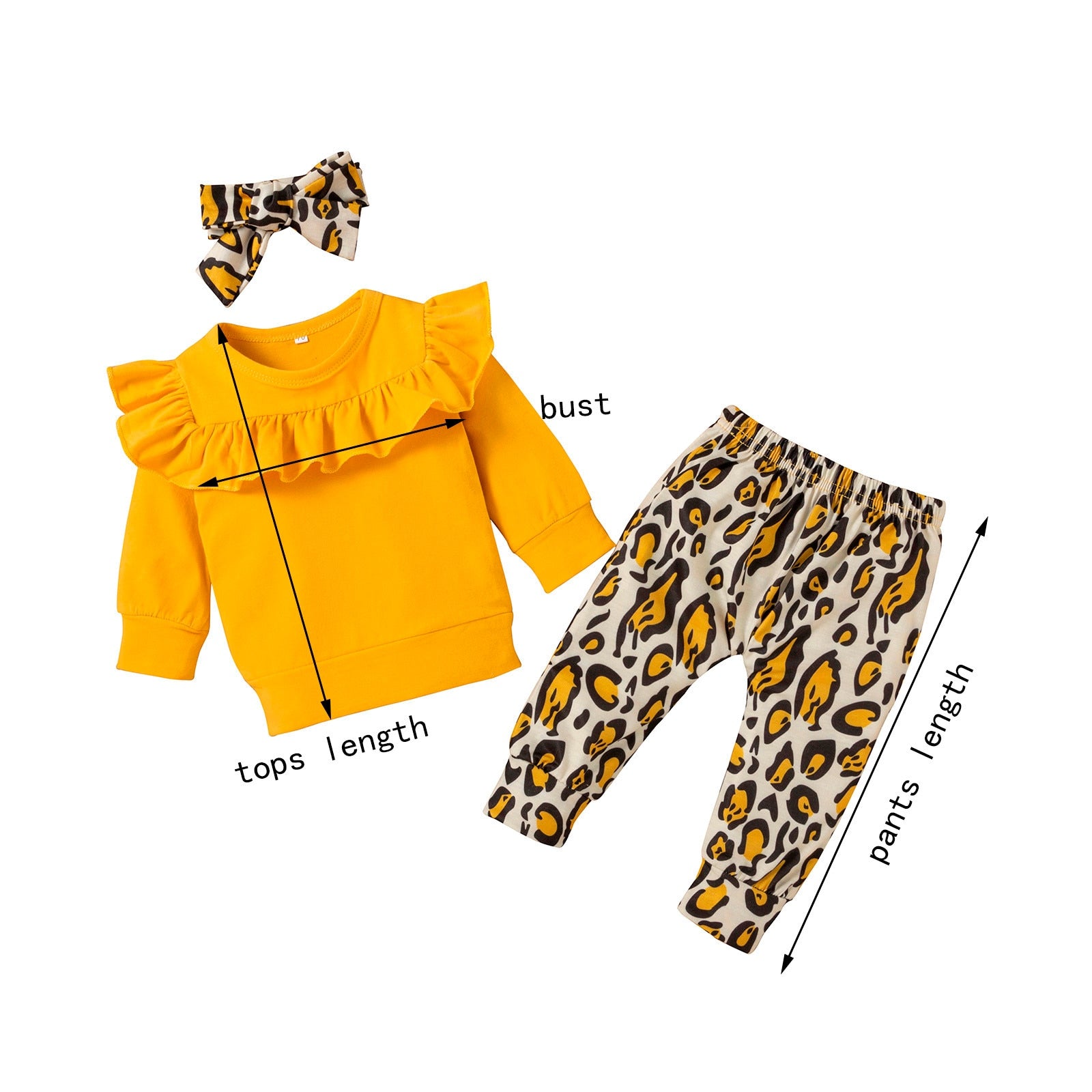 3PCS Baby Girls Outfit Solid Ruffle T-shirt Tops+ Leopard Pants Outfit