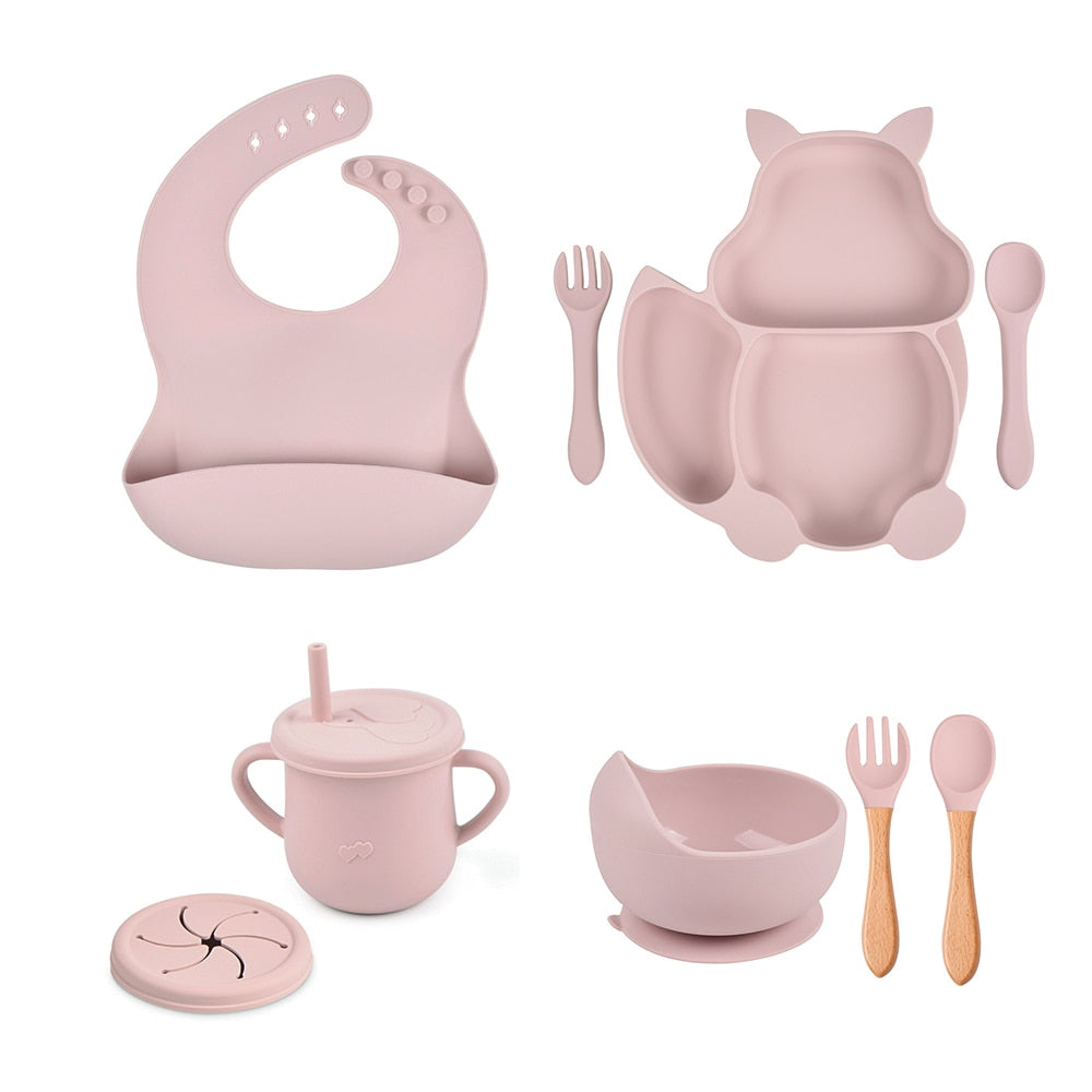 4/6/8 PCS Baby Soft Silicone Sucker Bowl Plate Cup Bibs Spoon Fork Sets Non-slip Tableware Children&#39;s Feeding Dishes BPA Free