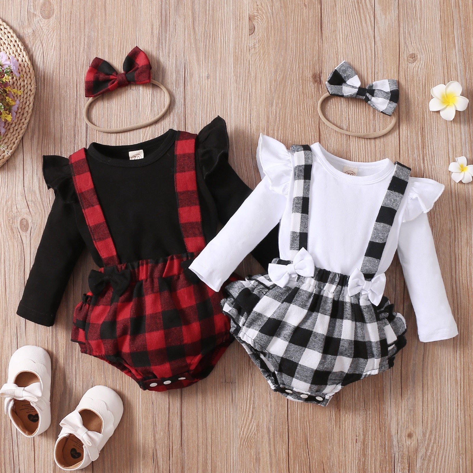 3PCS Infant Baby Girl Fall/Winter Solid Long Sleeve Tops+Plaid Printed Ruffles Suspender outfit