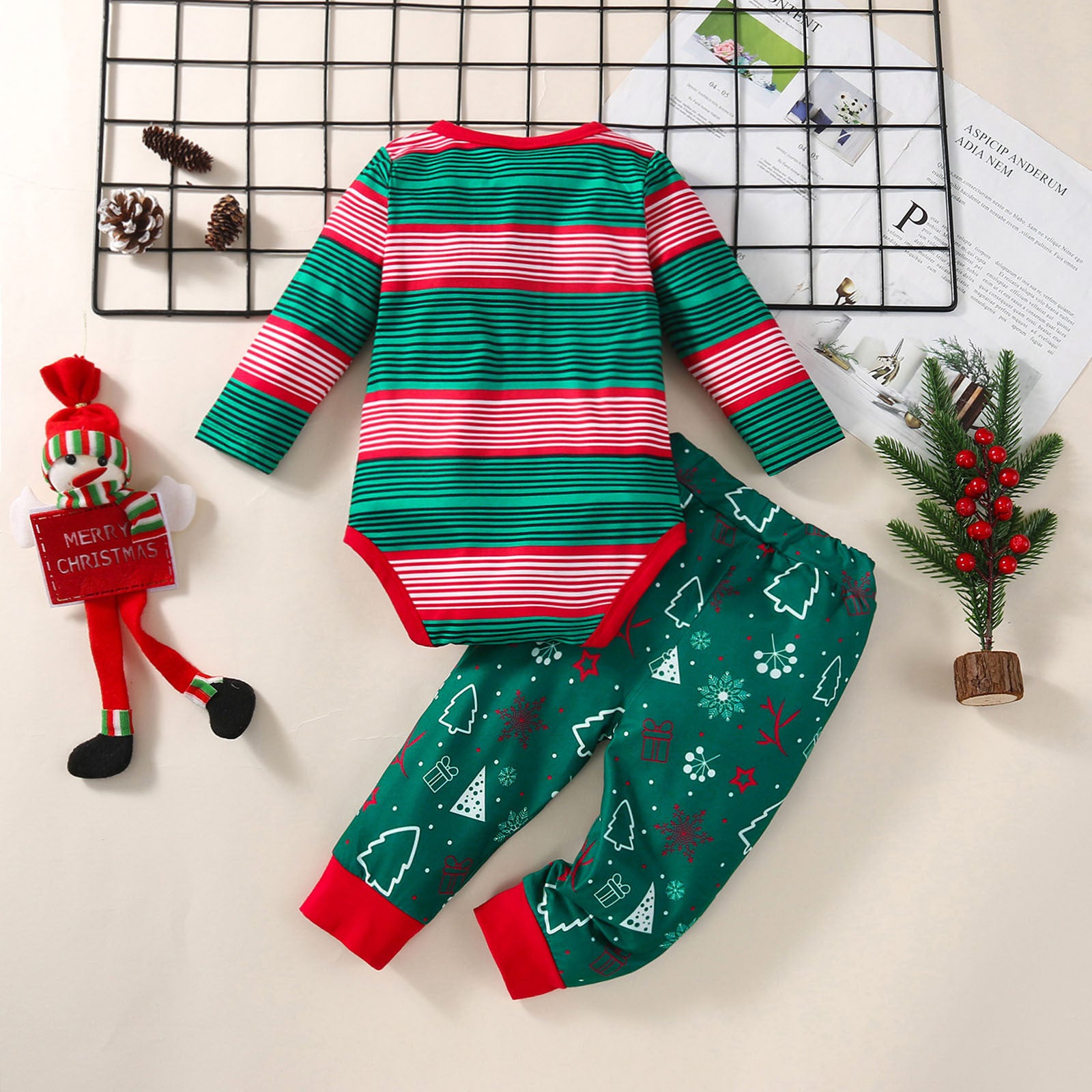 2PCS Infant unisex Christmas Cartoon Striped Printed long sleeve Romper w Pants Trousers