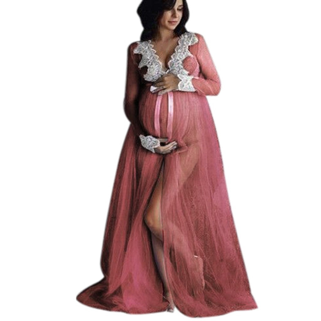 TELOTUNY Pregnant Women Lace Up Long Sleeve Maternity Dress, Ladies Photo shoot Maxi Gown