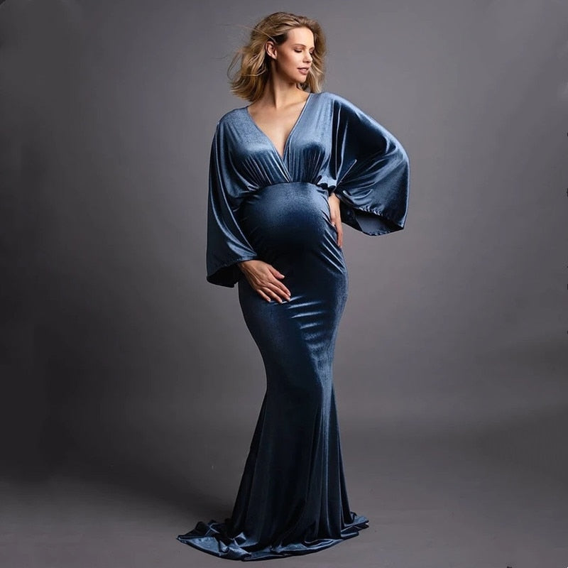 Velvet Winter Maternity Gowns Forest Green Velvet Ruched Bell Sleeve Maternity Dress Velvet Winter Maternity Gowns Forest Green Velvet Ruched Bell Sleeve Maternity Dress