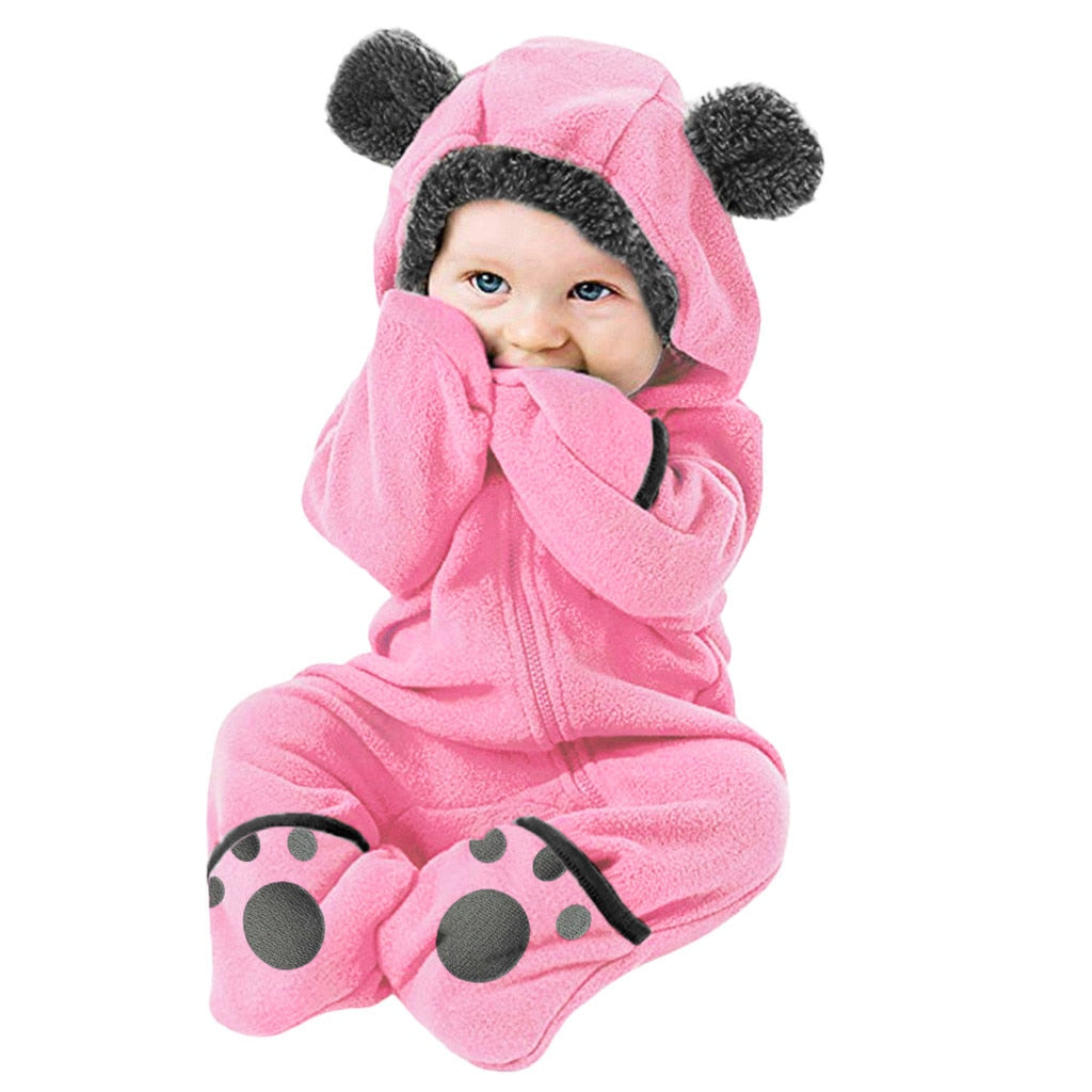 Newborn Rompers Cute Bear Ears Hooded Long Sleeve Jumpsuit