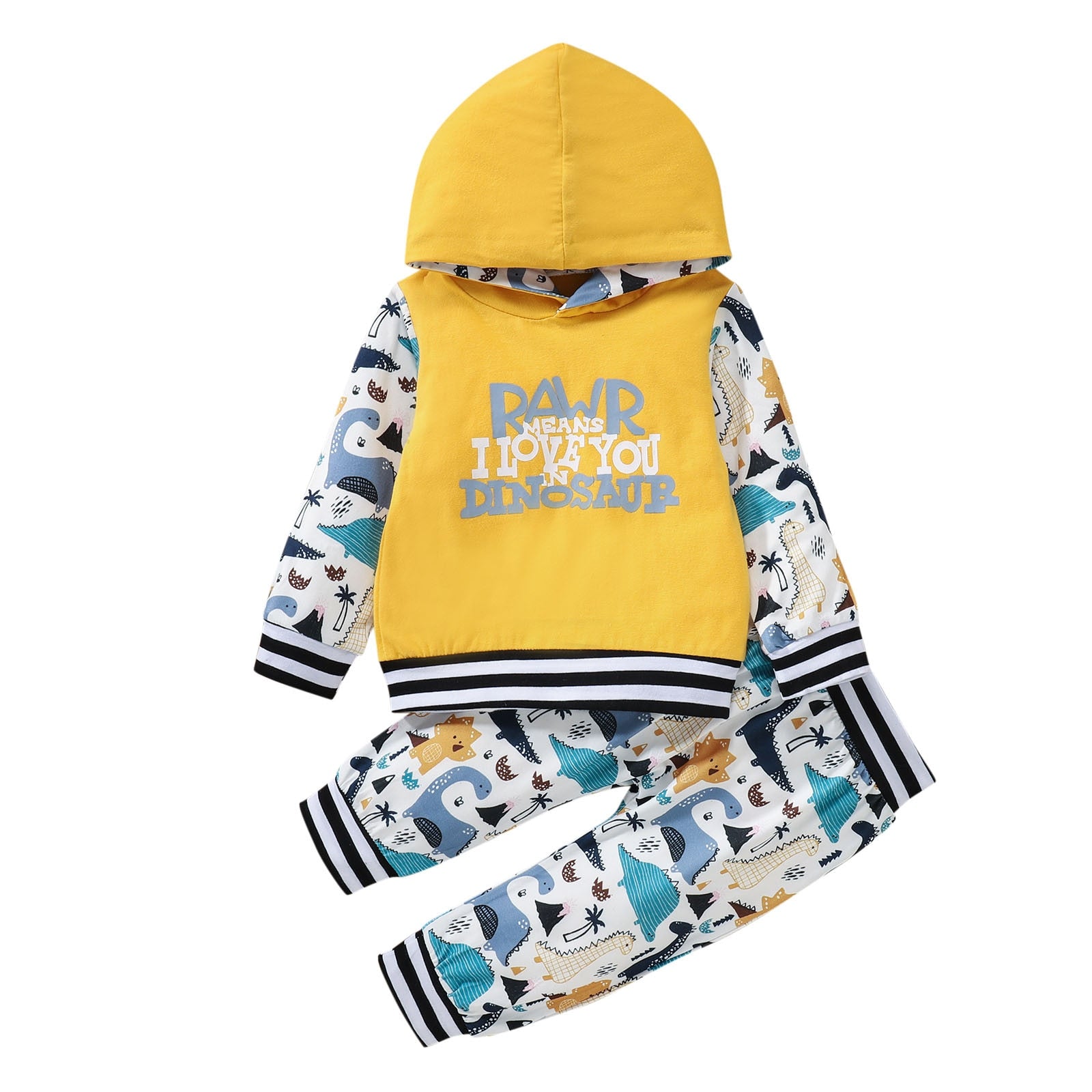 2PCS Unisex Dinosaur Letter Hooded Sweatshirt +Pants Outfit