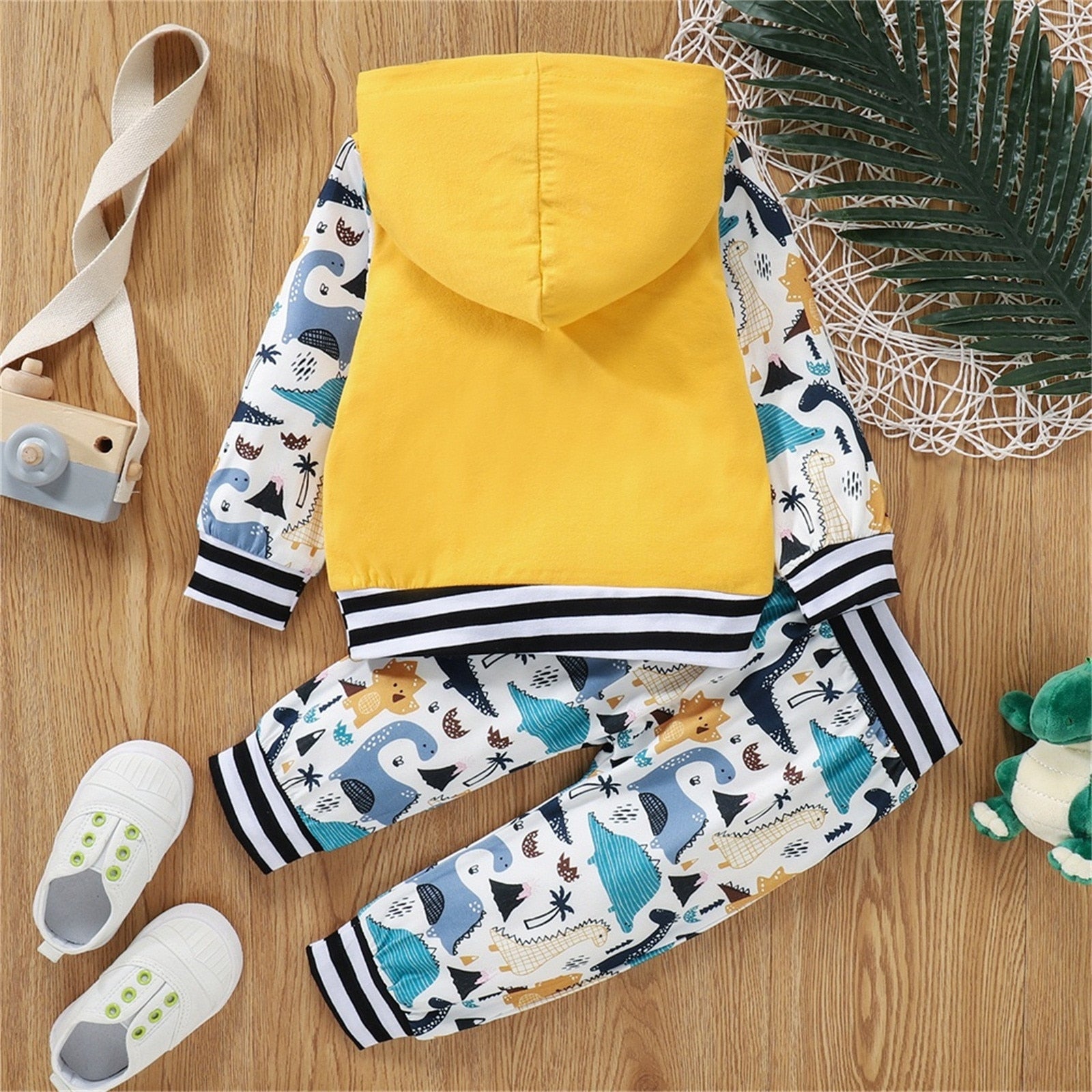 2PCS Unisex Dinosaur Letter Hooded Sweatshirt +Pants Outfit
