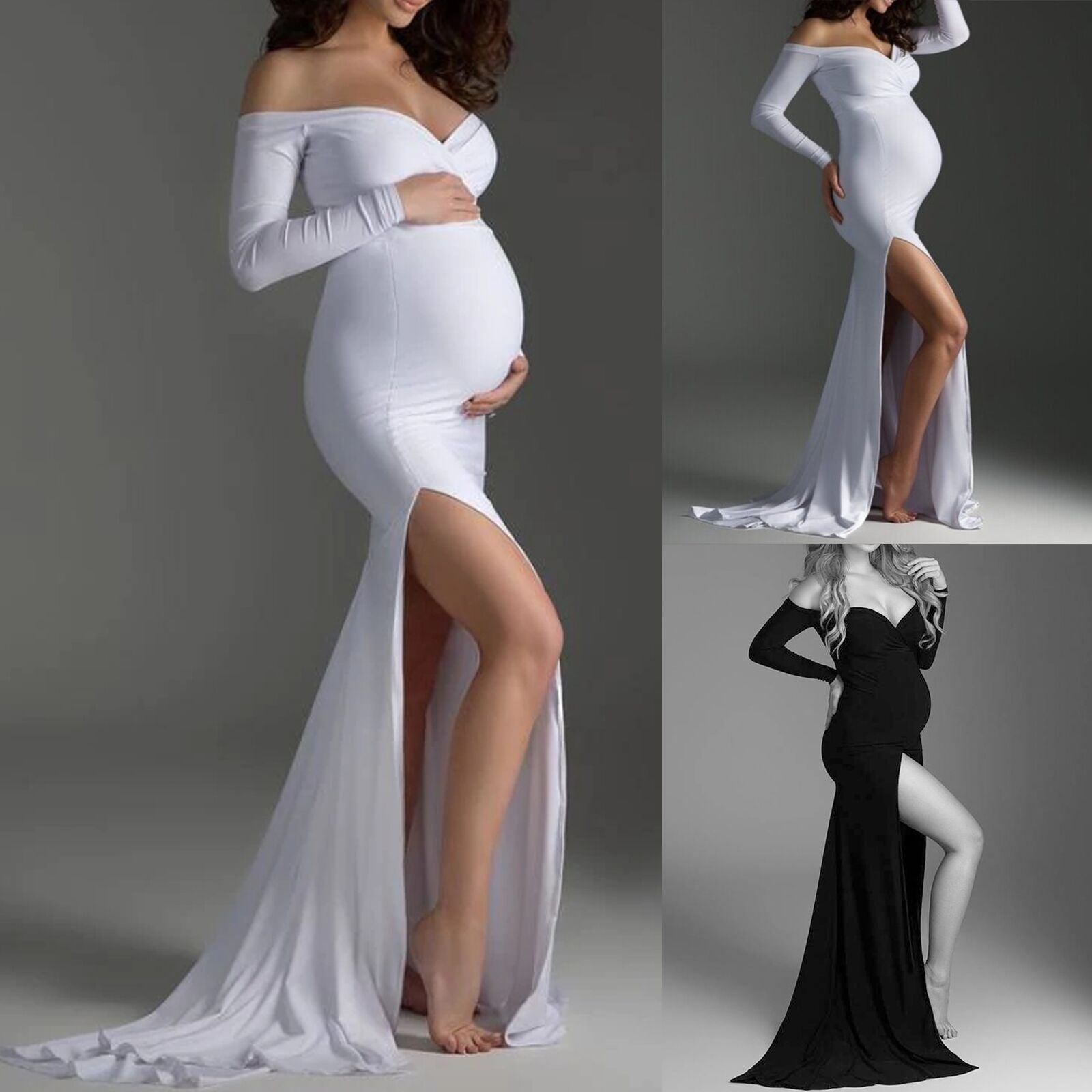 2023 High Split Maxi Gown Pregnancy Dress Photography Pregnant Women, Long Sleeve, Off Shoulder