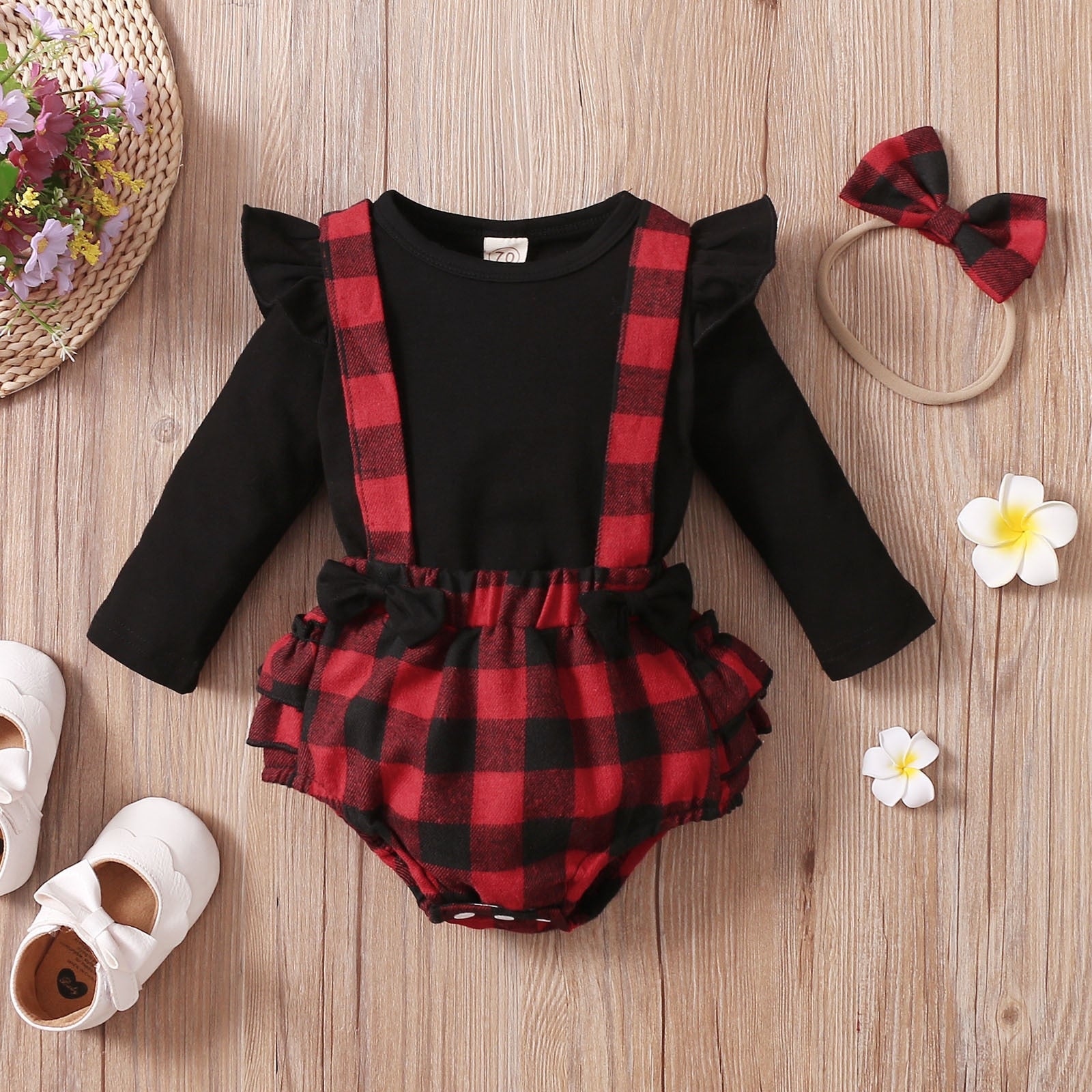 3PCS Infant Baby Girl Fall/Winter Solid Long Sleeve Tops+Plaid Printed Ruffles Suspender outfit