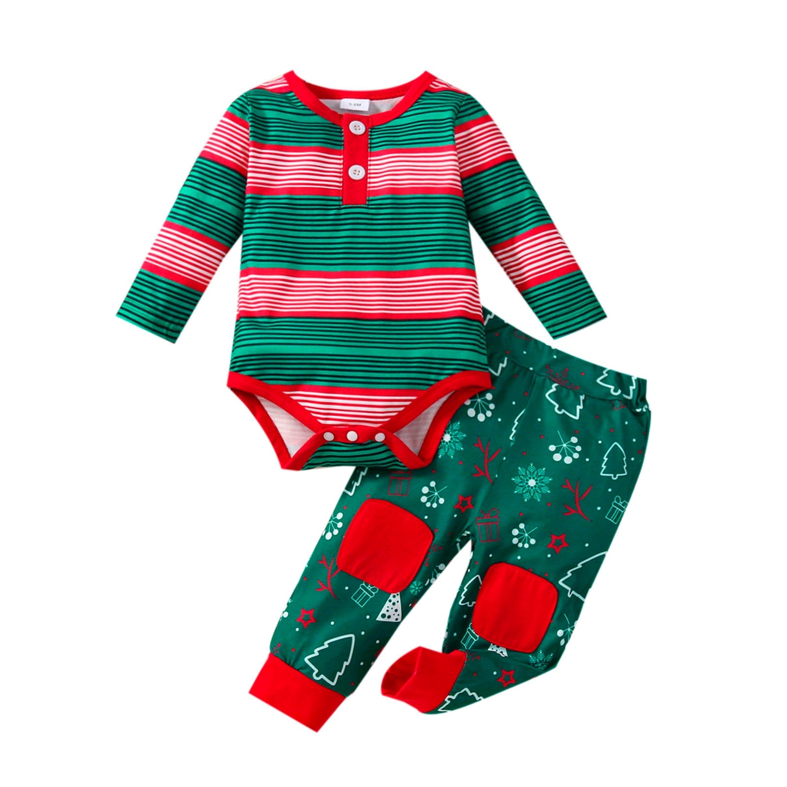 2PCS Infant unisex Christmas Cartoon Striped Printed long sleeve Romper w Pants Trousers