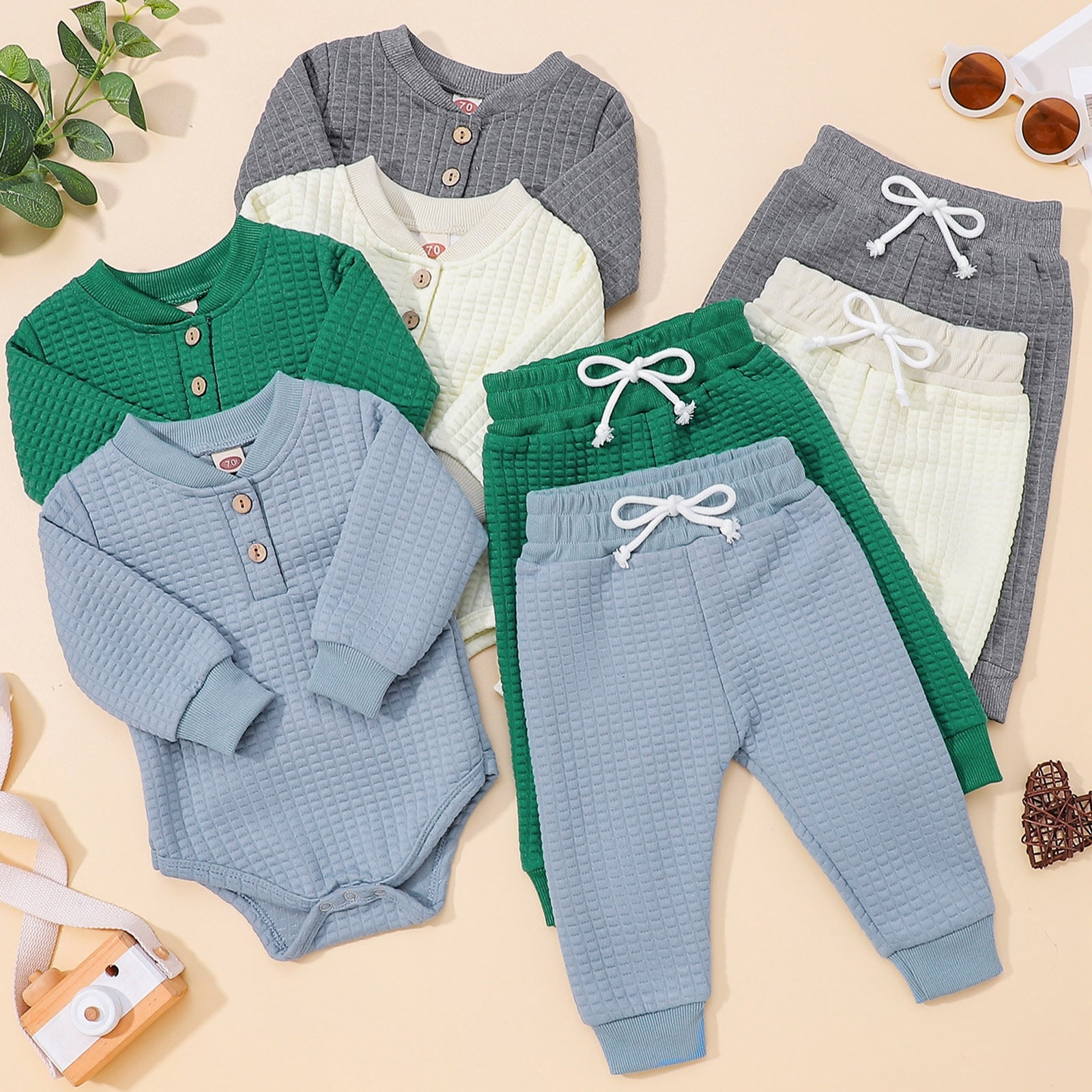 Infant Girls Boys Winter Long Sleeve Solid Thickened Warm Romper 2PCS outfit