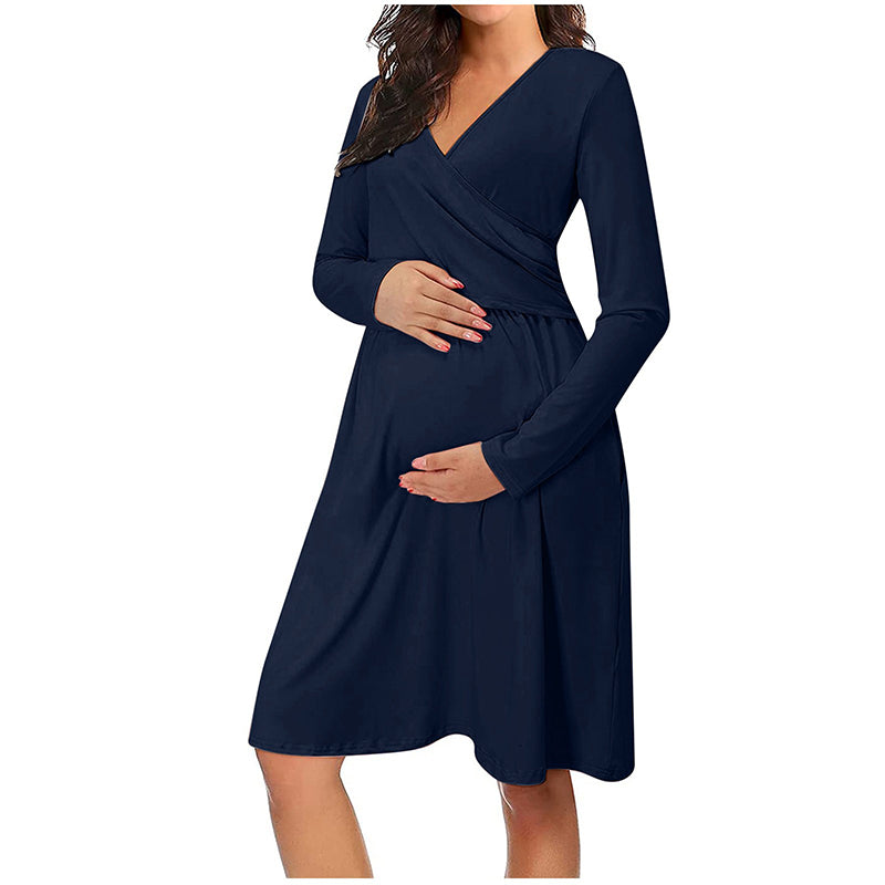 Women Maternity Long Sleeve Solid Nursing Sleepwear Dress For Breastfeeding Winter Dress Pregnant Nursing Maternity Tops