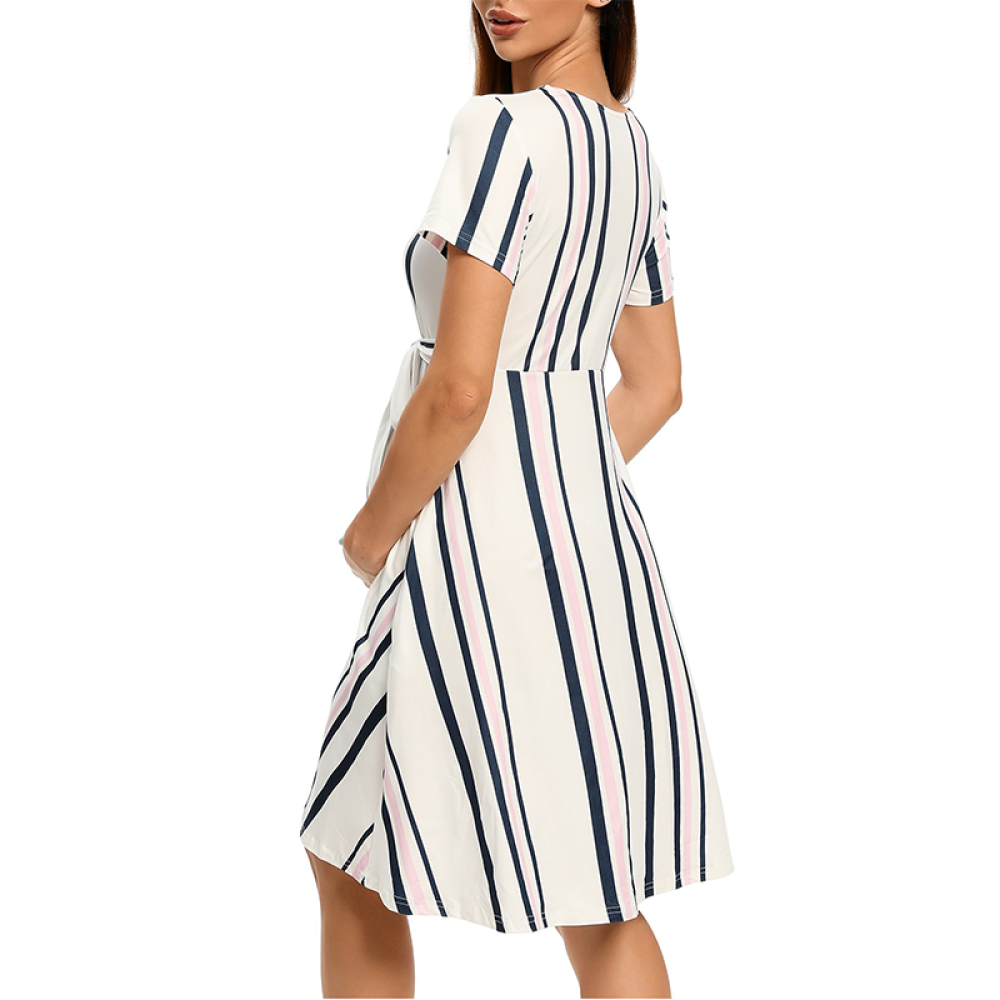 2023 Women Elegant Maternity Dress ,Short Sleeve Tie Striped Pregnancy Casual Midi Flowy Loose Belt Dress with Pockets