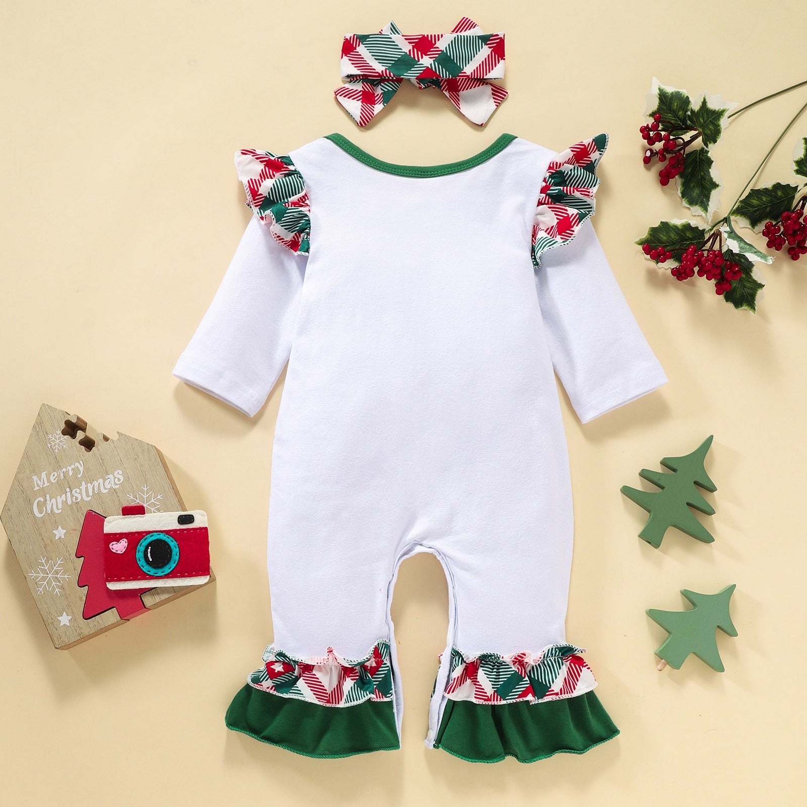 2023-Infant Baby Unisex Christmas Trees Xmas Letter Printed Long Sleeve Romper with Headband