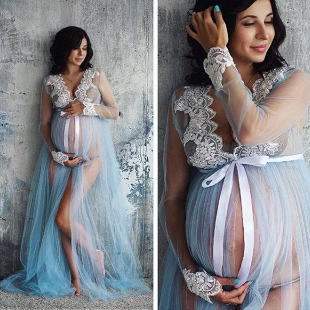 TELOTUNY Pregnant Women Lace Up Long Sleeve Maternity Dress, Ladies Photo shoot Maxi Gown