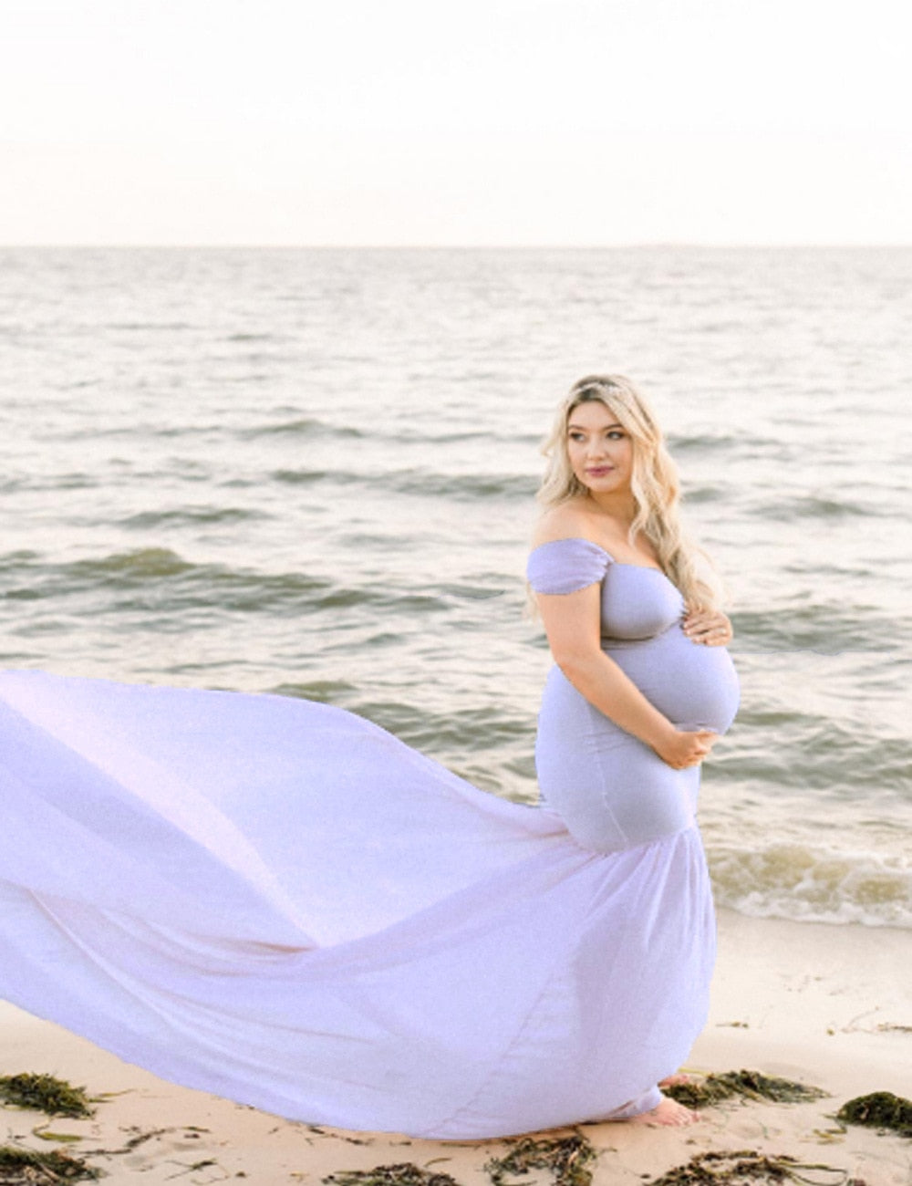 Long Maternity Photography for Photoshoot. Off Shoulder Pregnant Dress, Maxi Maternity Gown