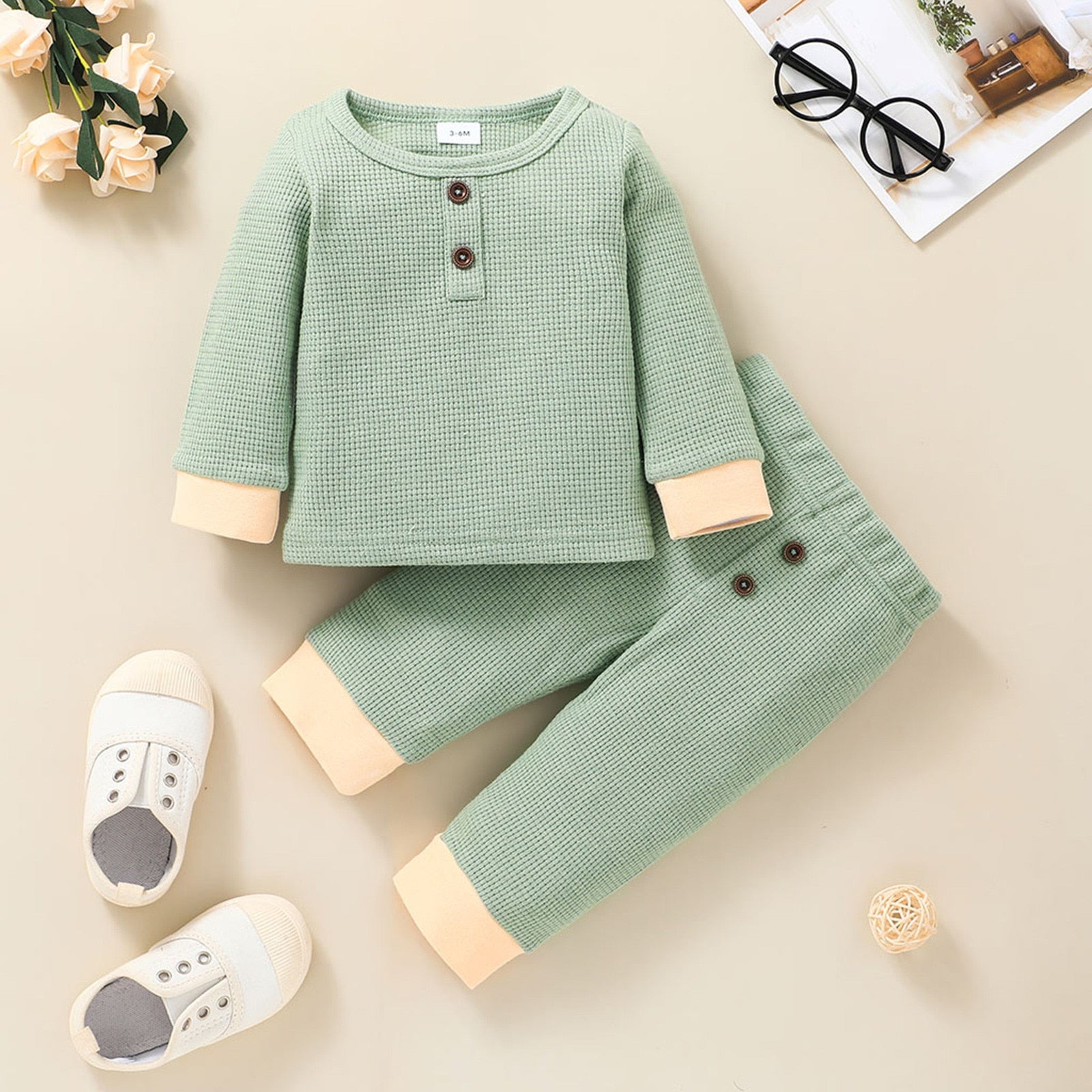 Newborn Unisex Buttoned Patchwork Sweatshirt +Pants Set