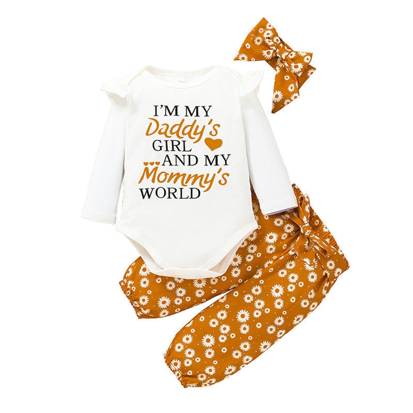 3PCS Newborn Infant girl Fall/Winter Romper Tops+ Floral Pants+Bowknot Headband Outfits
