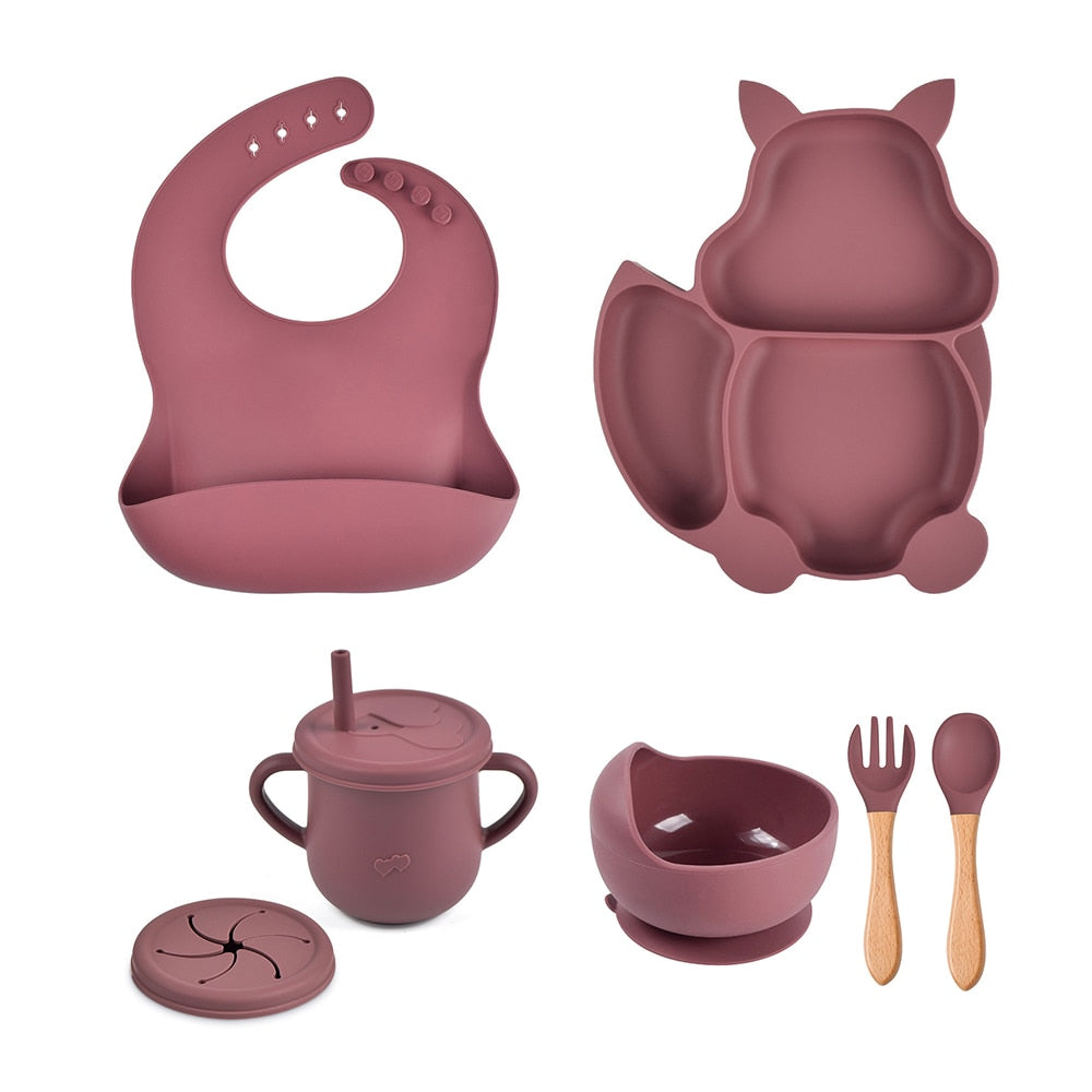 4/6/8 PCS Baby Soft Silicone Sucker Bowl Plate Cup Bibs Spoon Fork Sets Non-slip Tableware Children&#39;s Feeding Dishes BPA Free