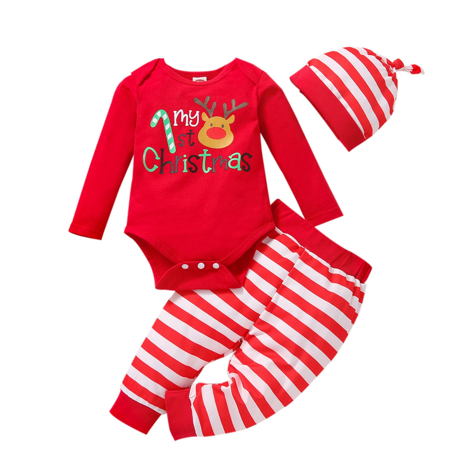 3pcs Infant Unisex Christmas Cartoon Deer Printed Romper Bodysuit+Pants+Hat Outfit