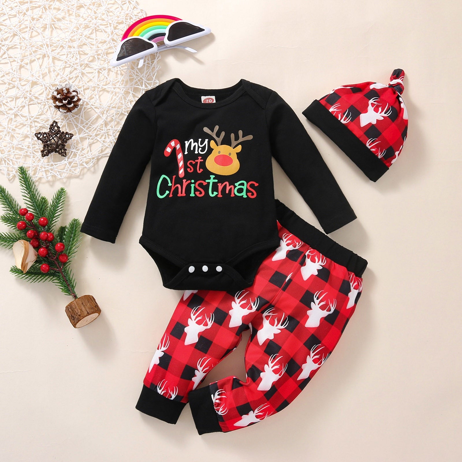 3pcs Infant Unisex Christmas Cartoon Deer Printed Romper Bodysuit+Pants+Hat Outfit