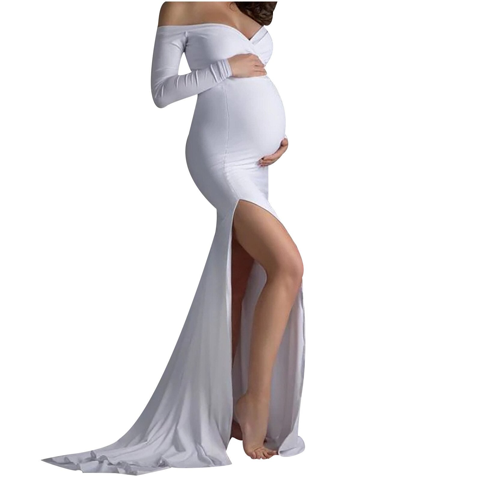 2023 High Split Maxi Gown Pregnancy Dress Photography Pregnant Women, Long Sleeve, Off Shoulder