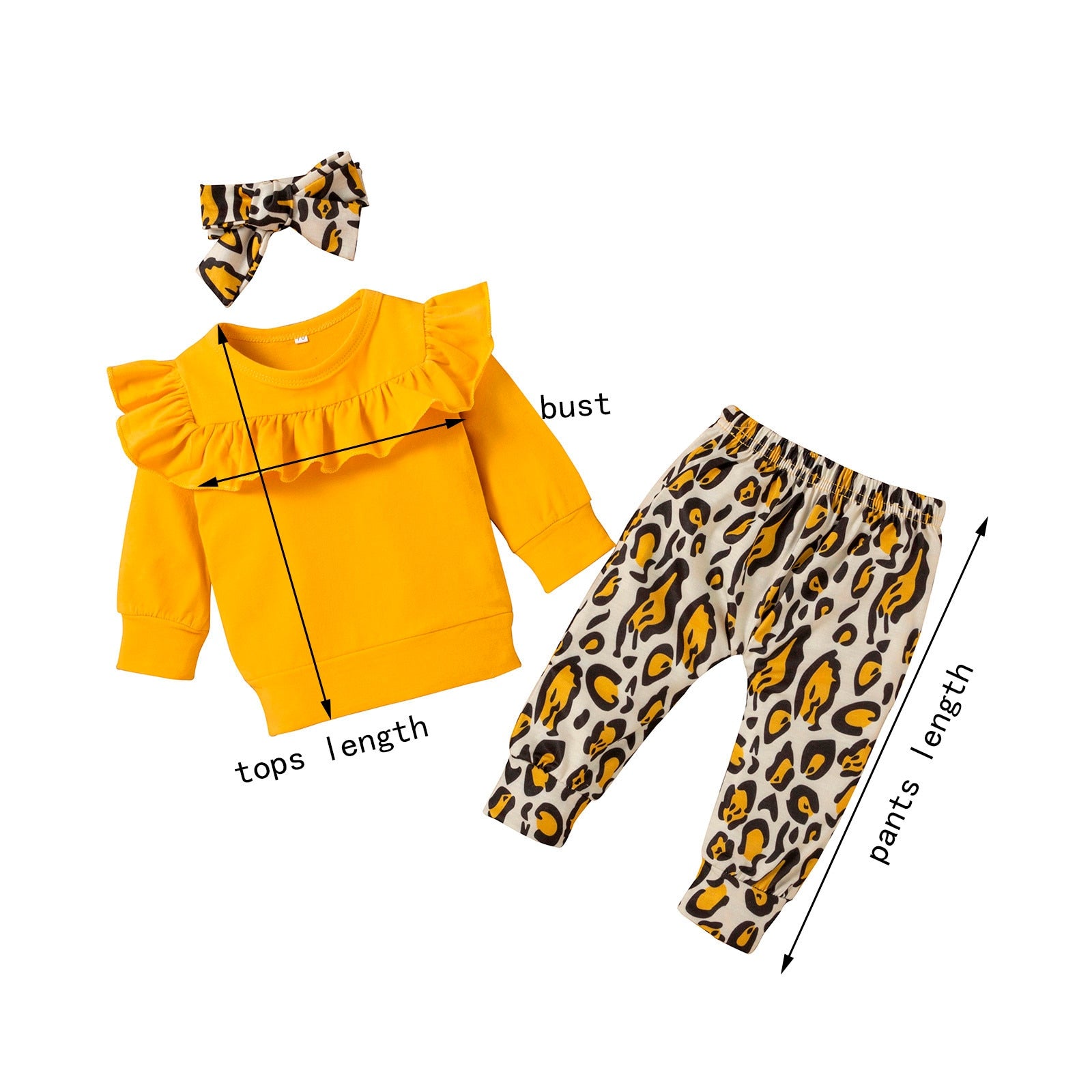 3PCS Baby Girls Outfit  Solid Ruffle T-shirt Tops+ Leopard Pants Outfit