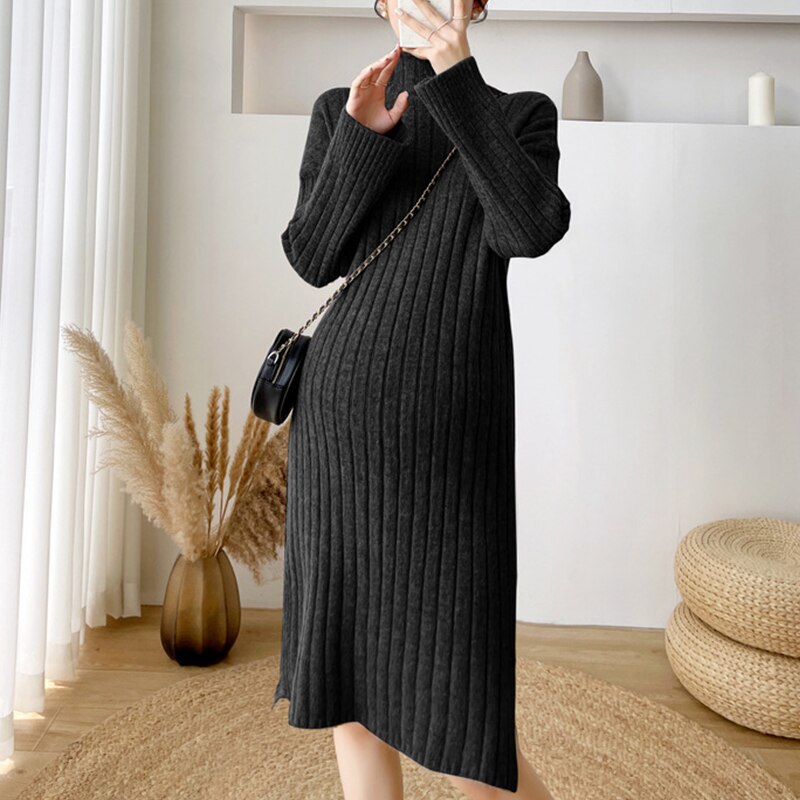 Autumn Winter Thick Warm Knitted Maternity Long Dress Sweet Clothes for Pregnant Women Winter Pleated Pregnancy Sweaters Dress