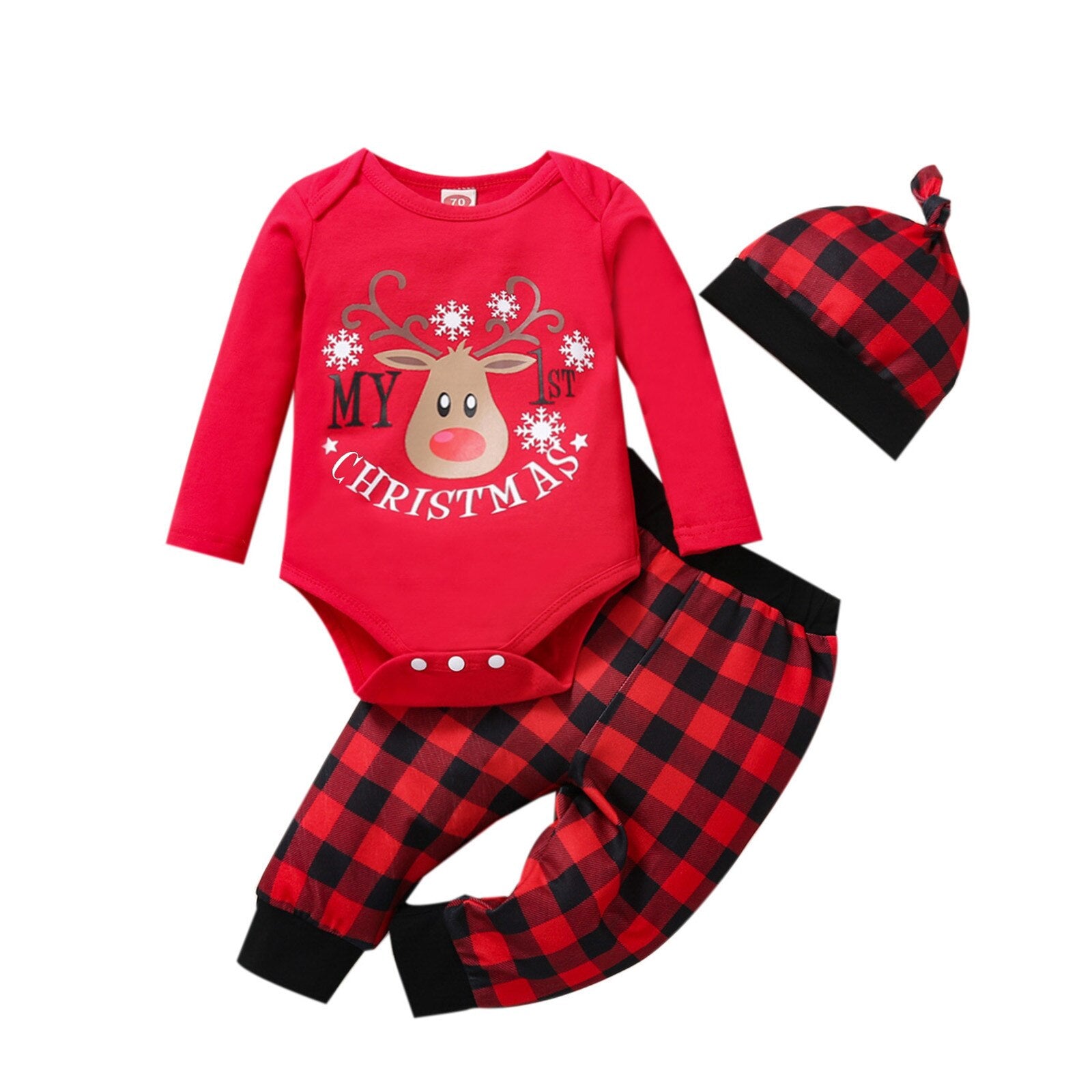 3pcs Infant Unisex Christmas Cartoon Deer Printed Romper Bodysuit+Pants+Hat Outfit