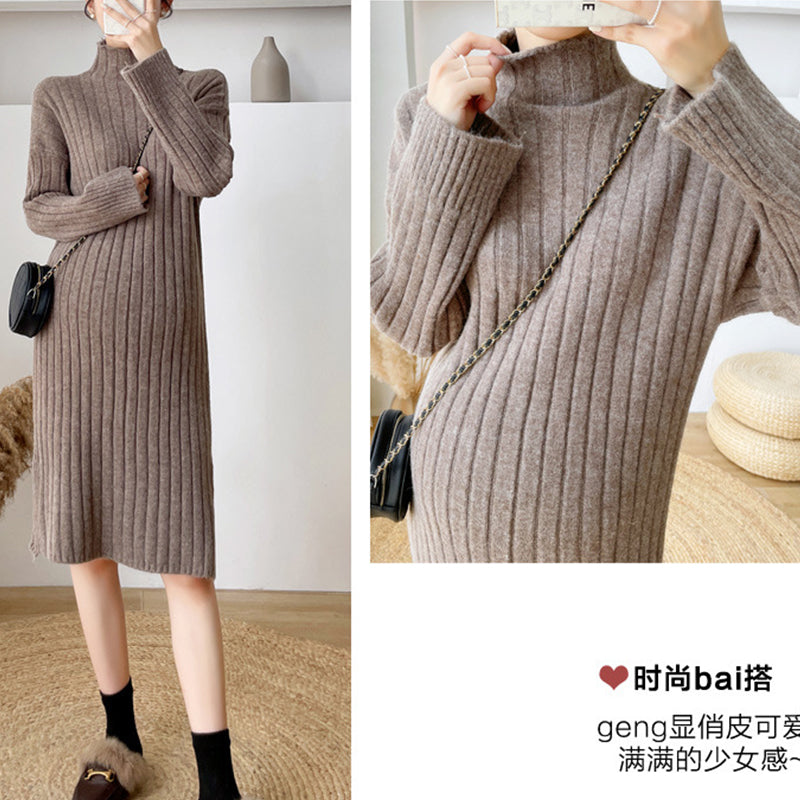 Autumn Winter Thick Warm Knitted Maternity Long Dress Sweet Clothes for Pregnant Women Winter Pleated Pregnancy Sweaters Dress