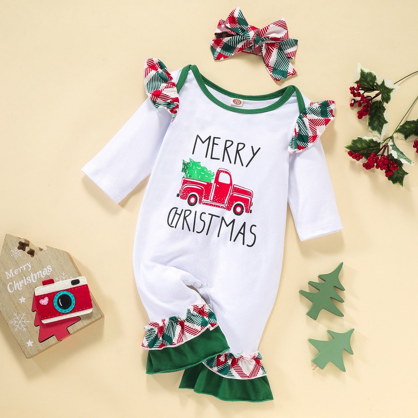 2023-Infant Baby Unisex Christmas Trees Xmas Letter Printed Long Sleeve Romper with Headband