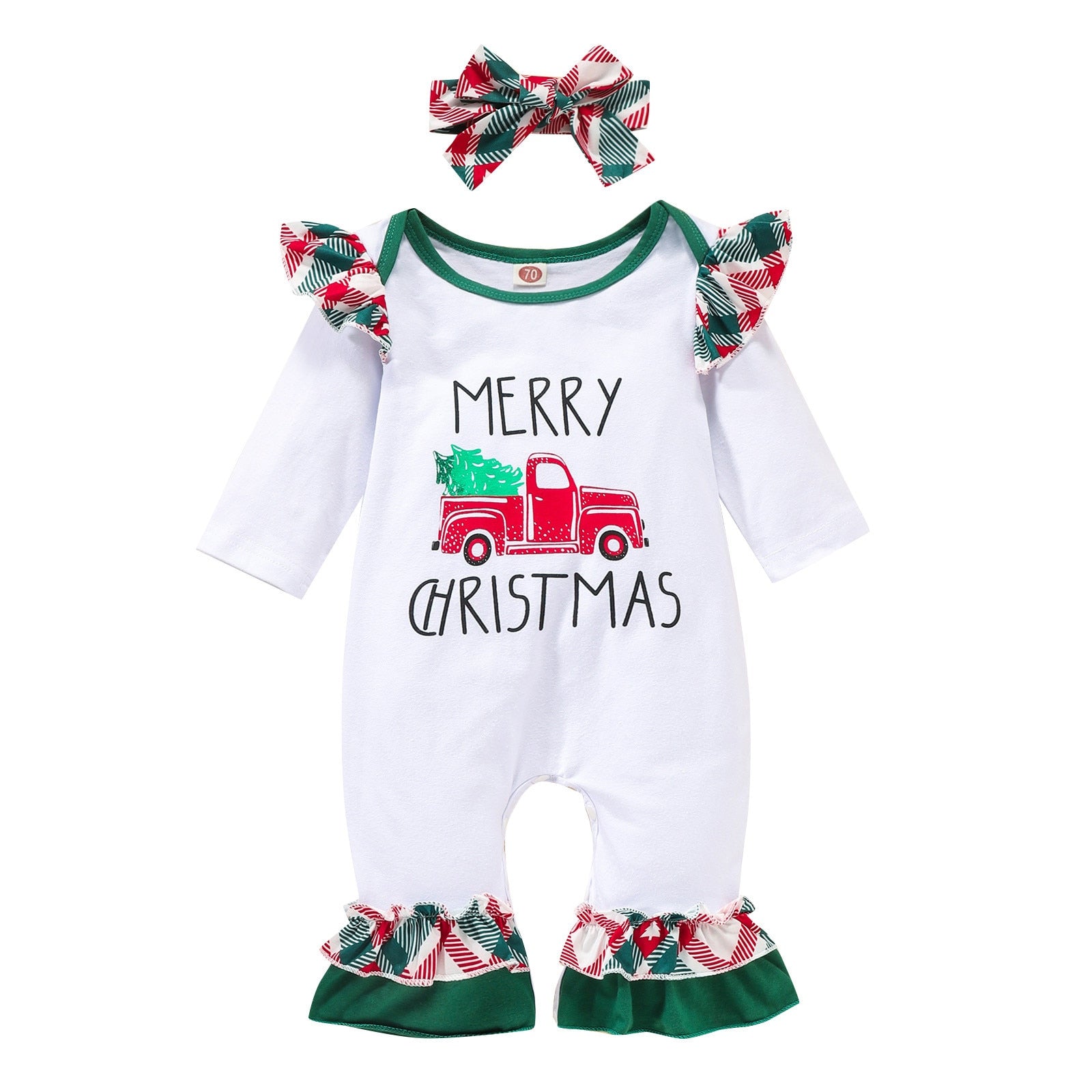 2023-Infant Baby Unisex Christmas Trees Xmas Letter Printed Long Sleeve Romper with Headband