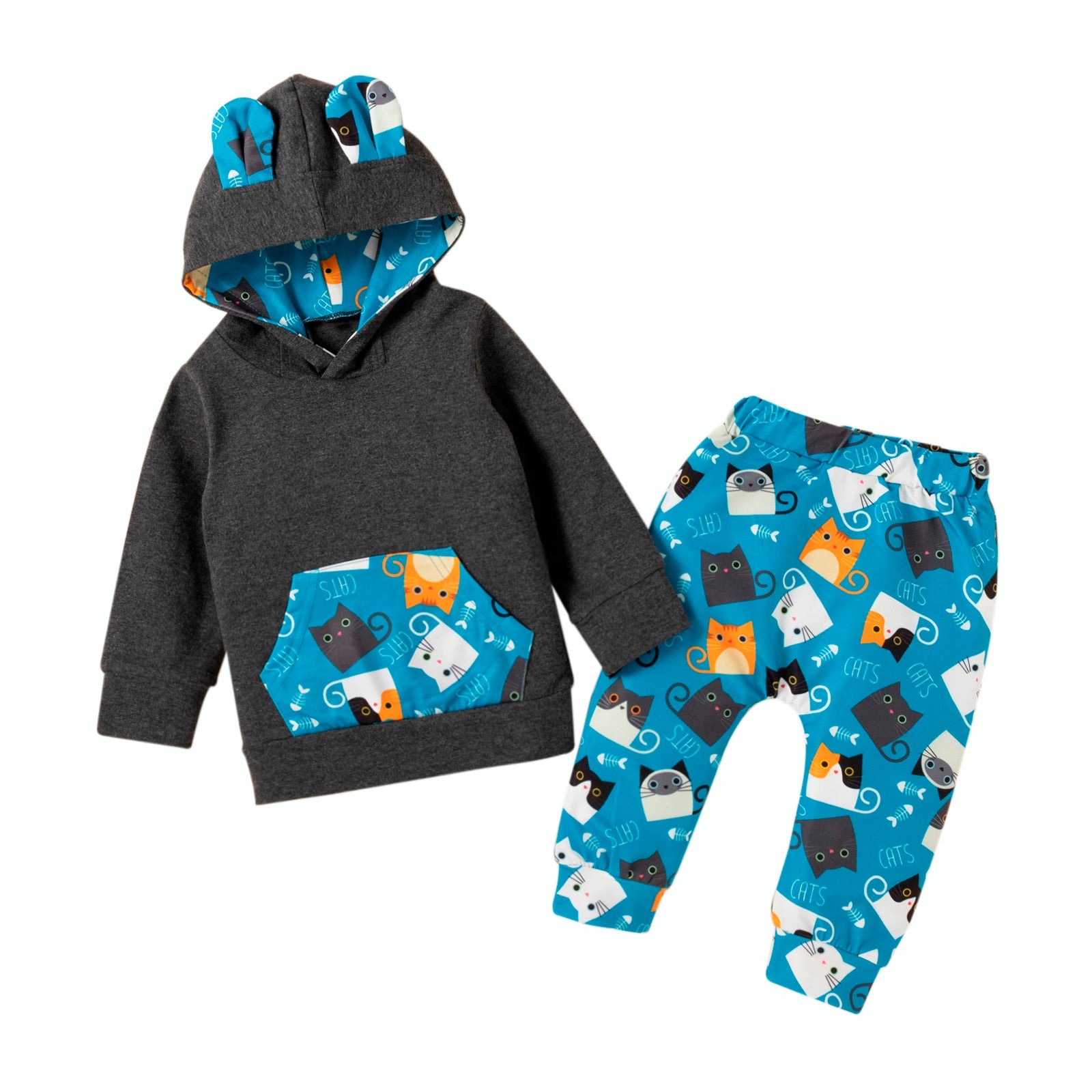 2PCS Unisex Cute Cartoon Cat Hoodies Set Newborn hoodie and Pant Set