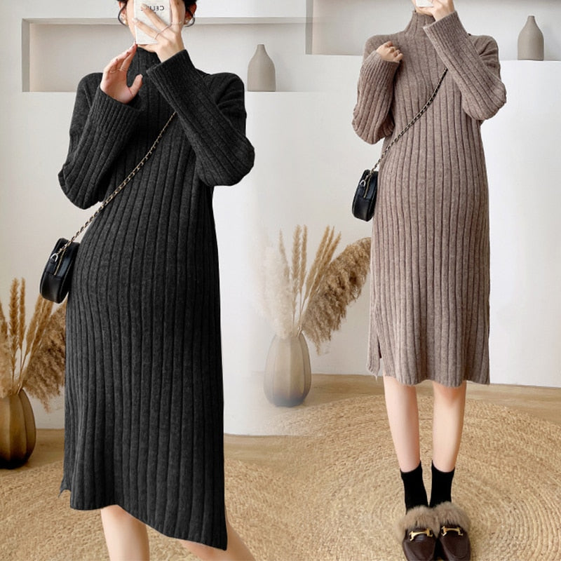 Autumn Winter Thick Warm Knitted Maternity Long Dress Sweet Clothes for Pregnant Women Winter Pleated Pregnancy Sweaters Dress