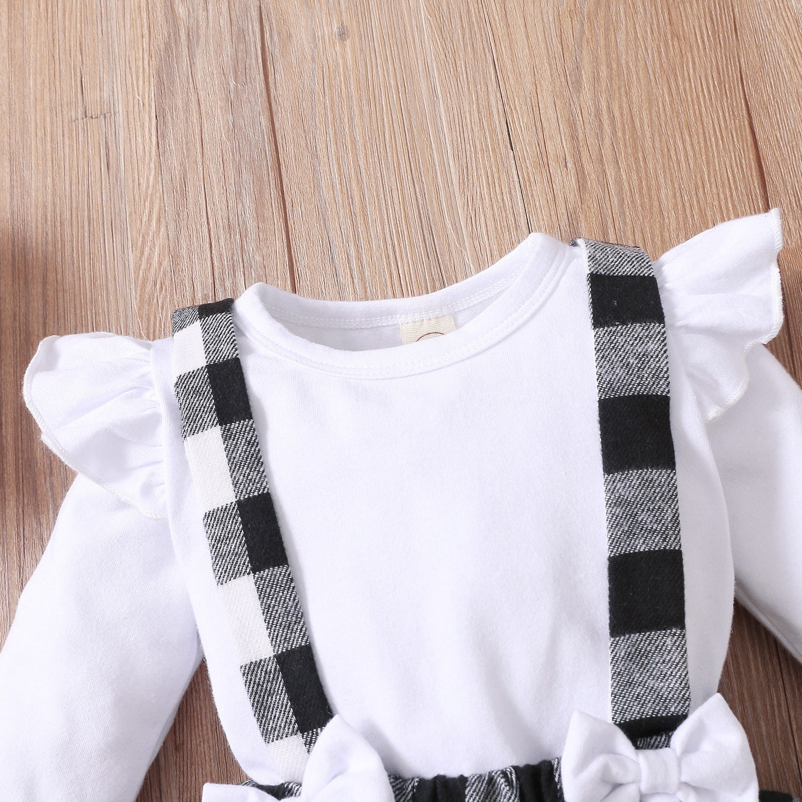 3PCS Infant Baby Girl Fall/Winter Solid Long Sleeve Tops+Plaid Printed Ruffles Suspender outfit