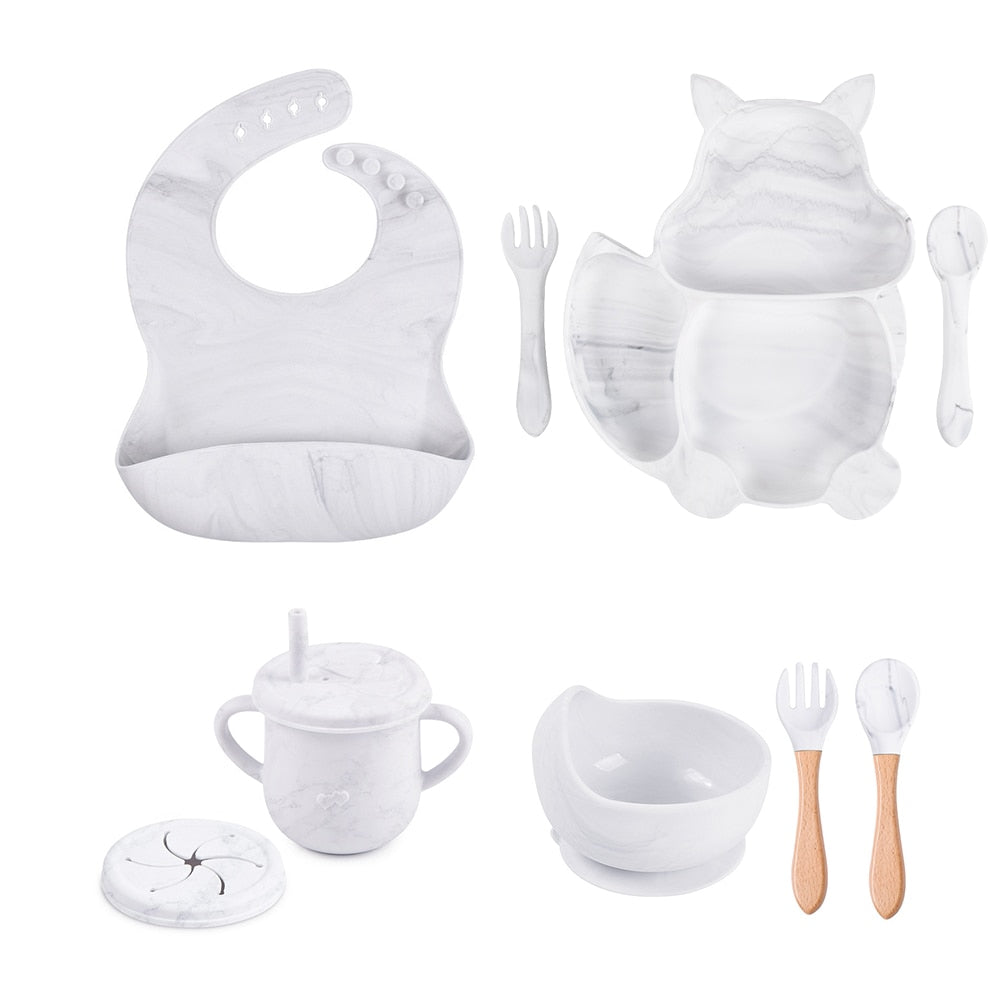 4/6/8 PCS Baby Soft Silicone Sucker Bowl Plate Cup Bibs Spoon Fork Sets Non-slip Tableware Children&#39;s Feeding Dishes BPA Free