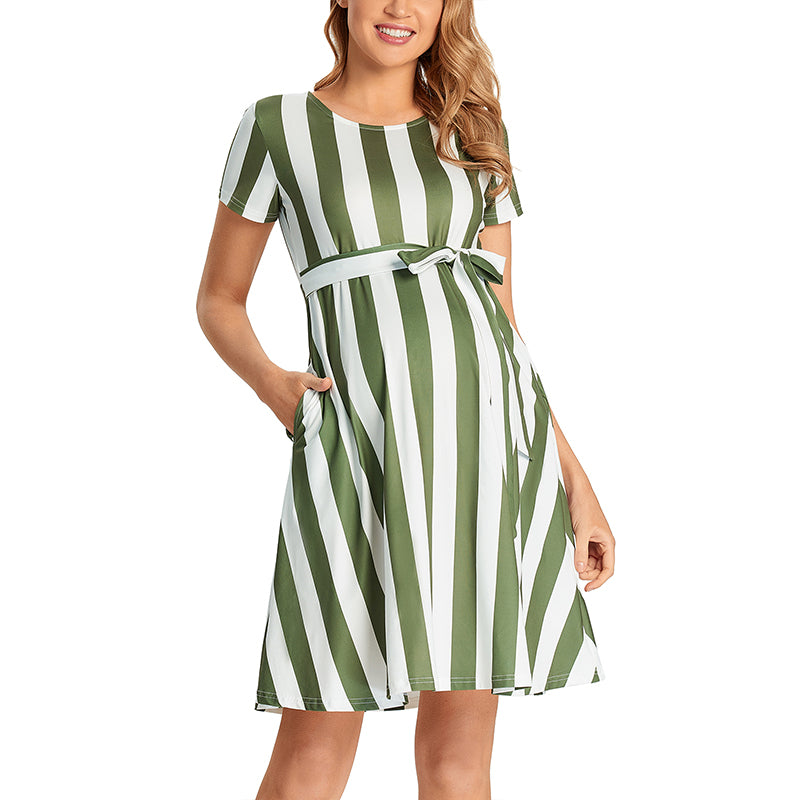 2023 Women Elegant Maternity Dress ,Short Sleeve Tie  Striped Pregnancy Casual Midi Flowy Loose Belt Dress with Pockets