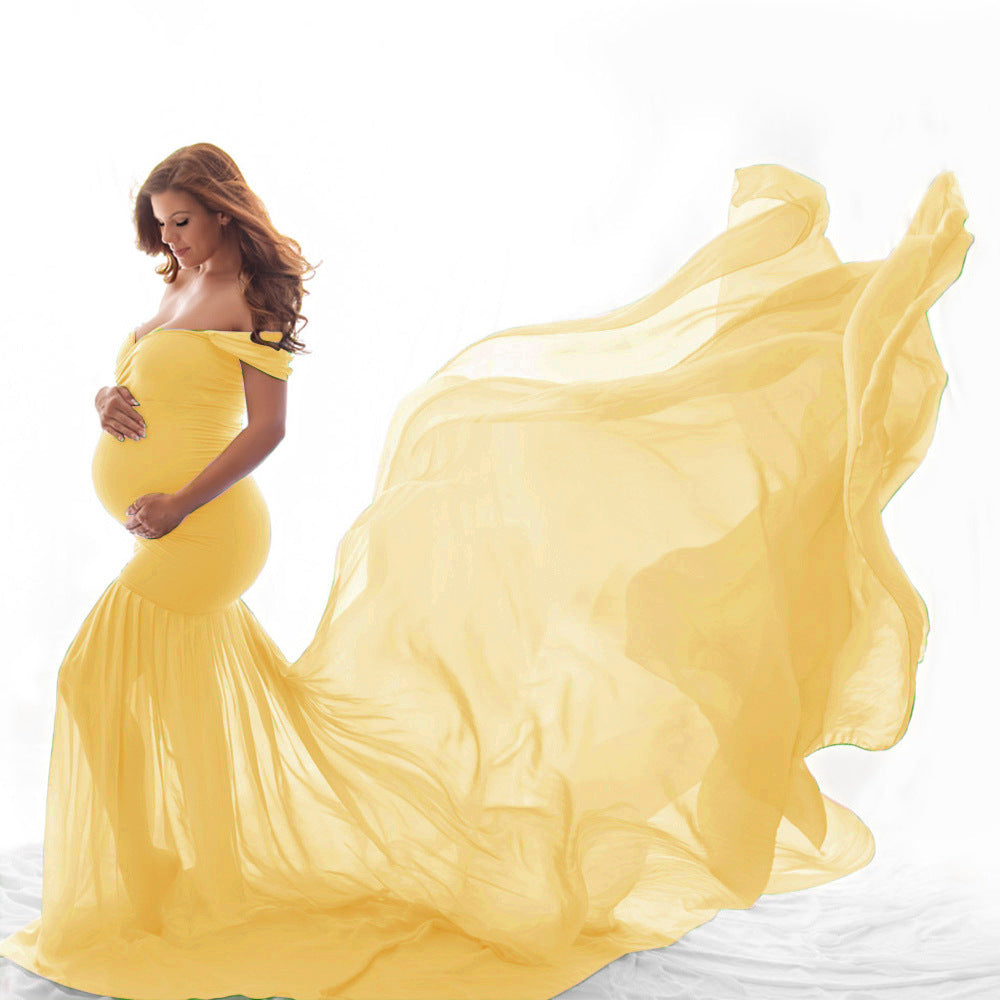 Long Maternity Photography for Photoshoot. Off Shoulder Pregnant Dress, Maxi Maternity Gown