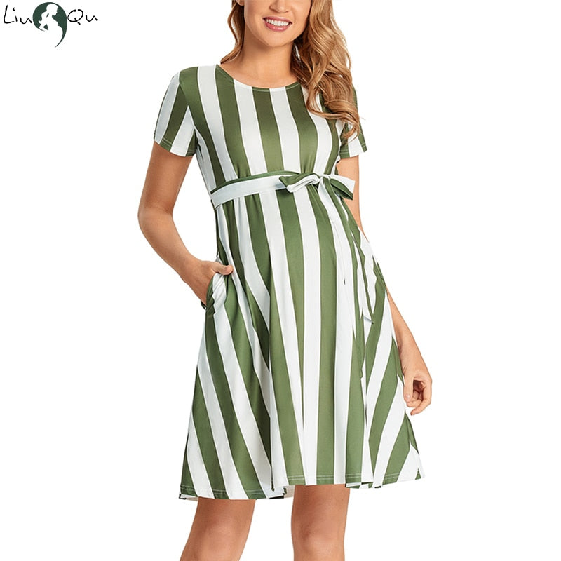 2023 Women Elegant Maternity Dress ,Short Sleeve Tie  Striped Pregnancy Casual Midi Flowy Loose Belt Dress with Pockets