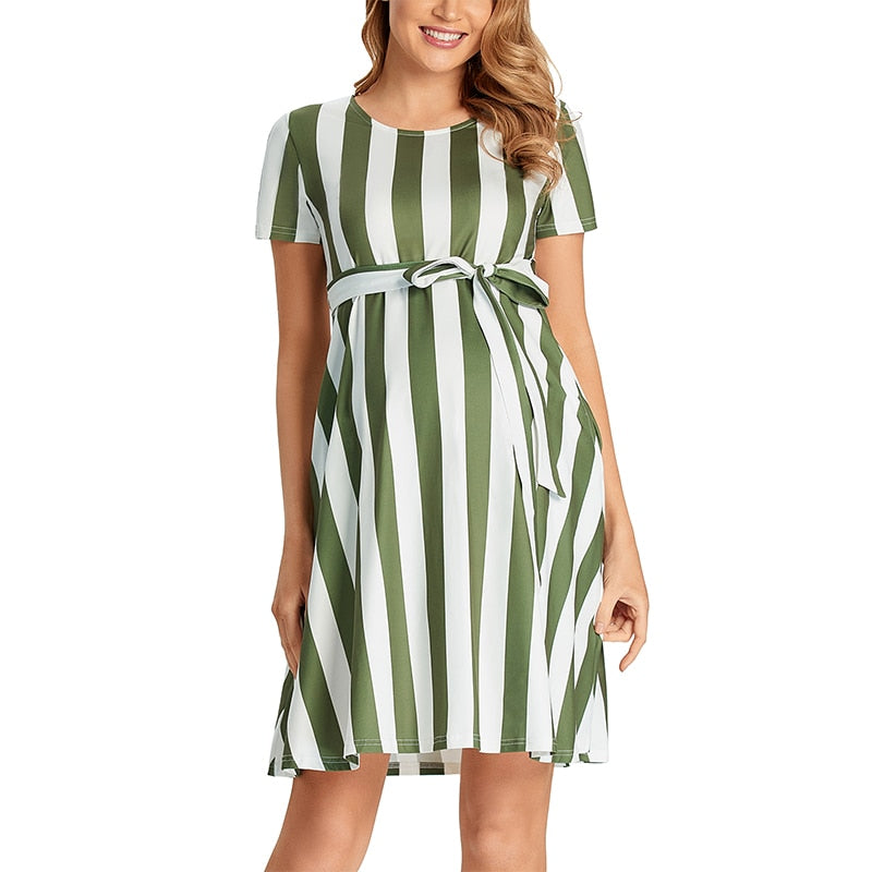 2023 Women Elegant Maternity Dress ,Short Sleeve Tie  Striped Pregnancy Casual Midi Flowy Loose Belt Dress with Pockets