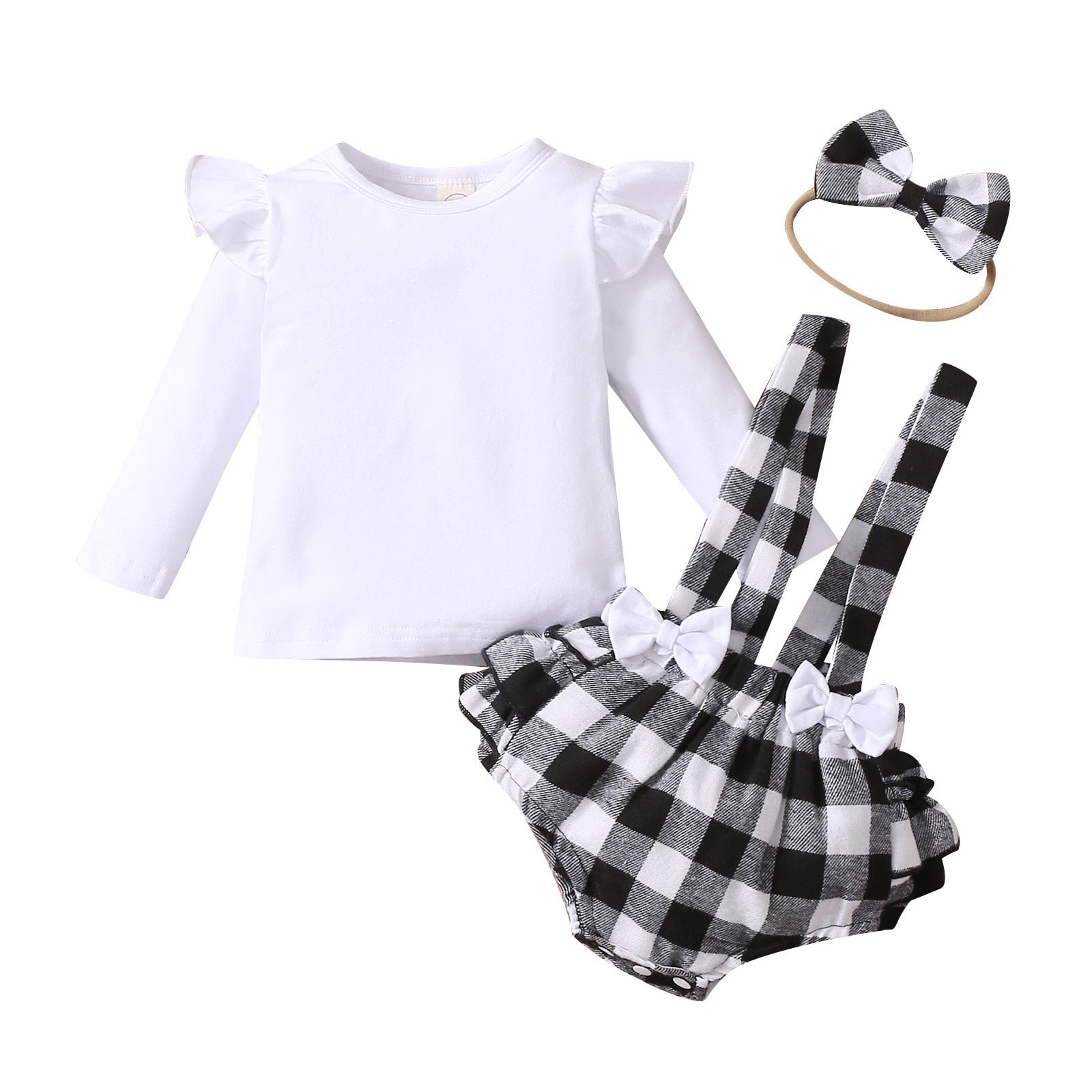 3PCS Infant Baby Girl Fall/Winter Solid Long Sleeve Tops+Plaid Printed Ruffles Suspender outfit