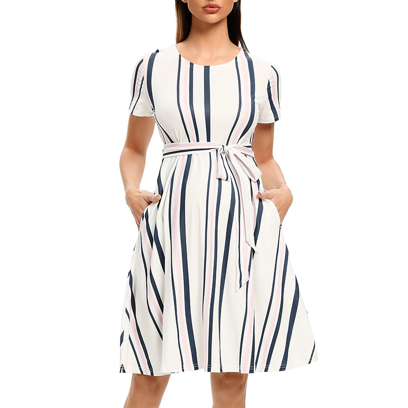 2023 Women Elegant Maternity Dress ,Short Sleeve Tie  Striped Pregnancy Casual Midi Flowy Loose Belt Dress with Pockets