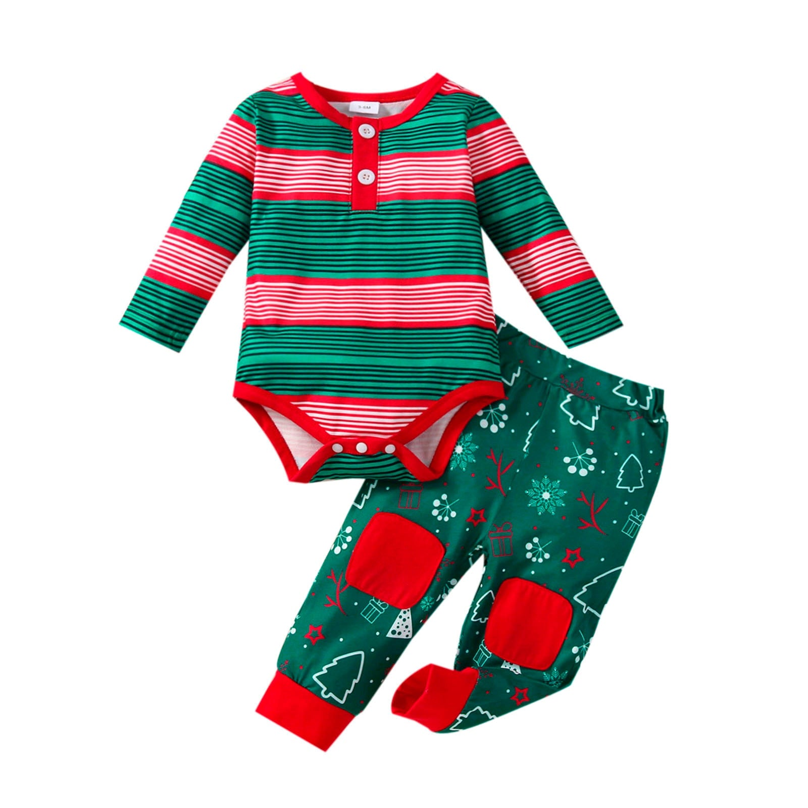 2PCS Infant unisex Christmas  Cartoon Striped Printed long sleeve Romper w Pants Trousers