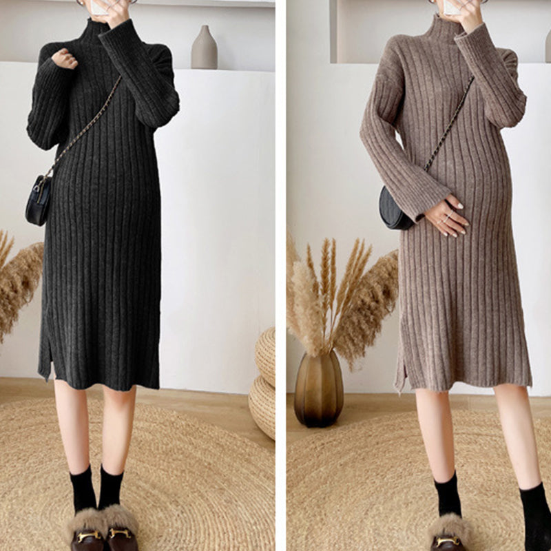 Autumn Winter Thick Warm Knitted Maternity Long Dress Sweet Clothes for Pregnant Women Winter Pleated Pregnancy Sweaters Dress