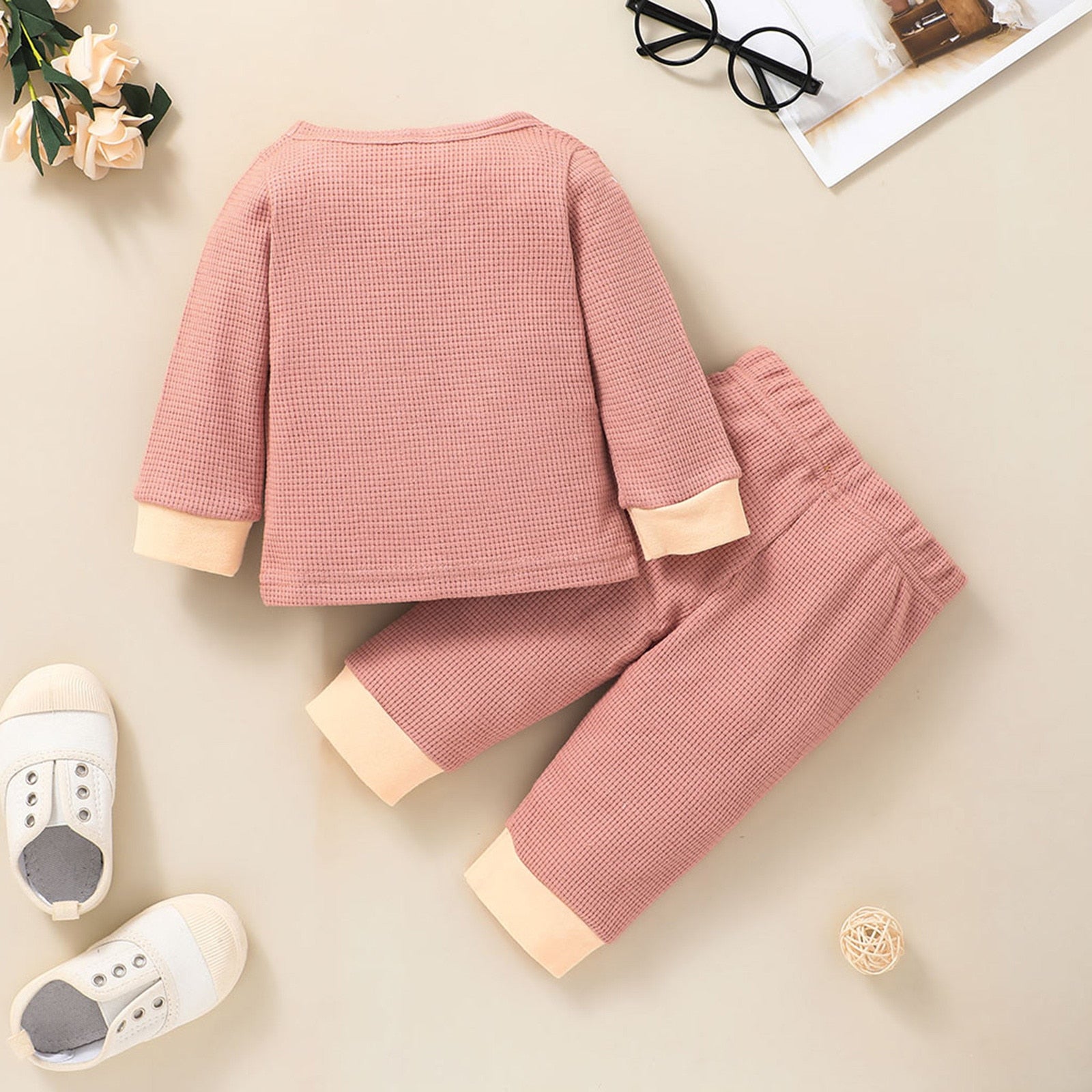 Newborn Unisex Buttoned Patchwork Sweatshirt +Pants Set