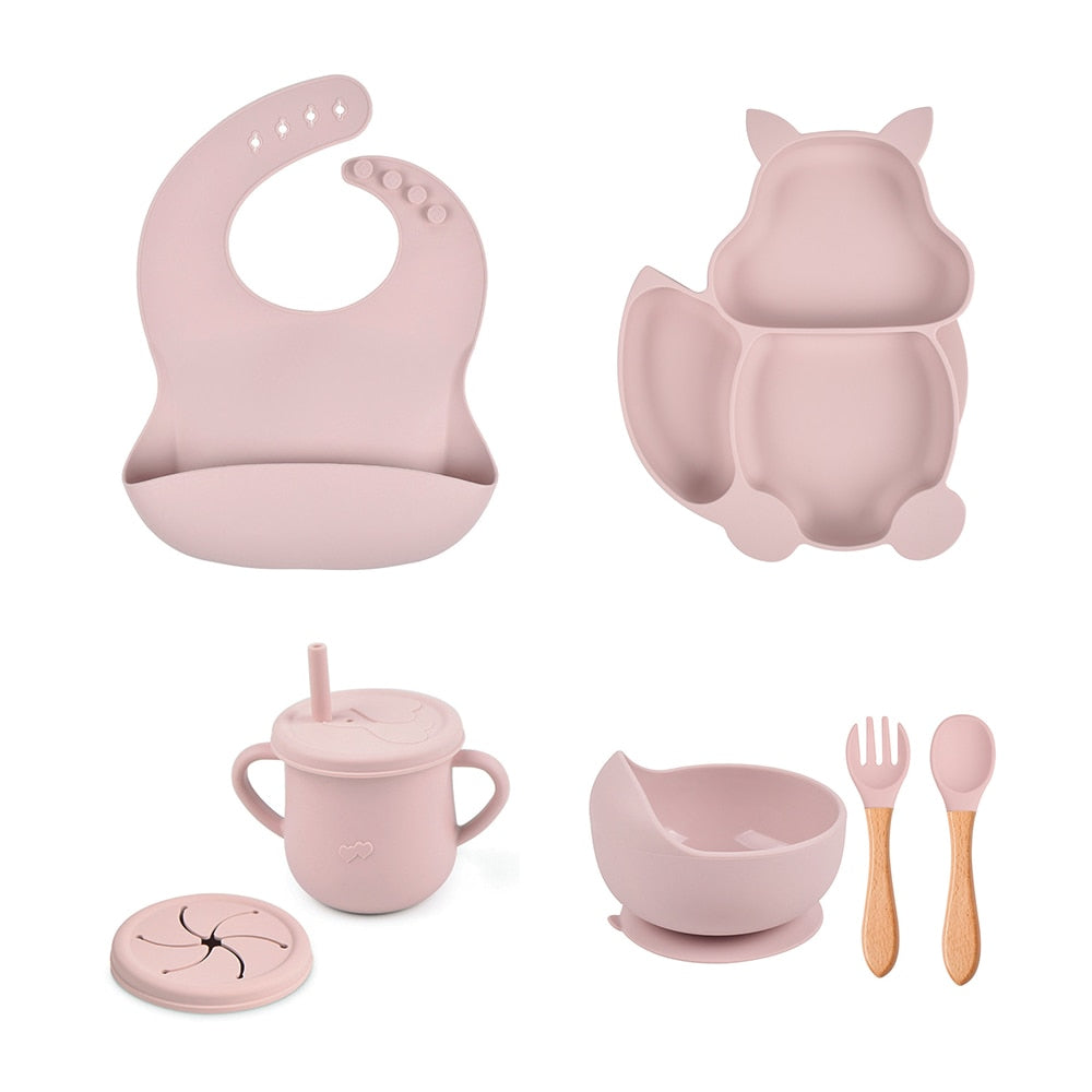 4/6/8 PCS Baby Soft Silicone Sucker Bowl Plate Cup Bibs Spoon Fork Sets Non-slip Tableware Children&#39;s Feeding Dishes BPA Free