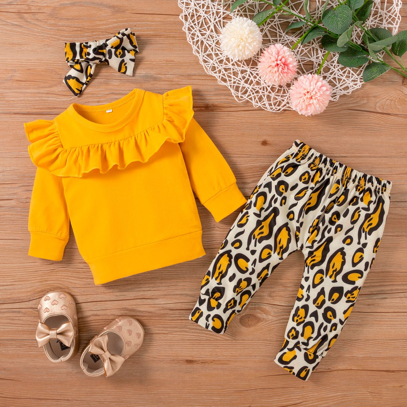 3PCS Baby Girls Outfit  Solid Ruffle T-shirt Tops+ Leopard Pants Outfit