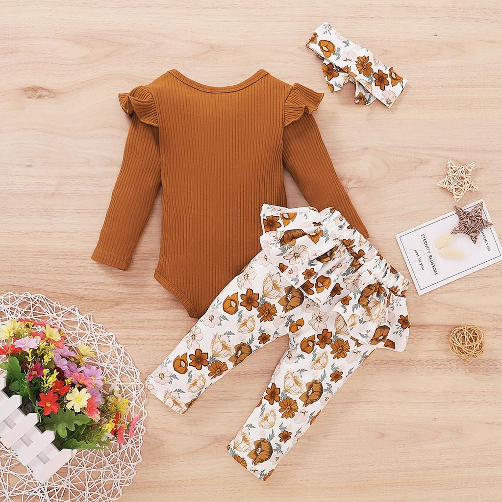 3PCS Sets Newborn baby girl clothes 2022 Winter Letter Print Bodysuit+Floral Pants+Headband