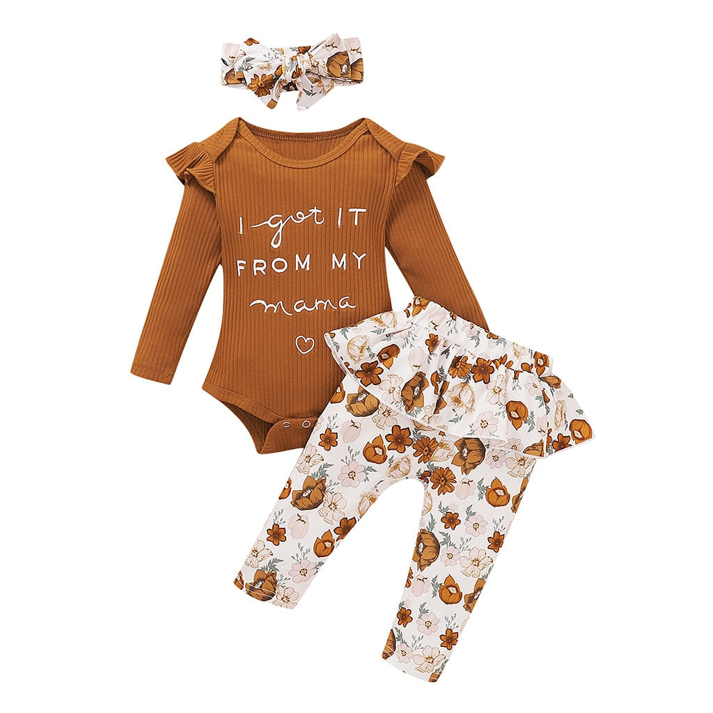 3PCS Sets Newborn baby girl clothes 2022 Winter Letter Print Bodysuit+Floral Pants+Headband